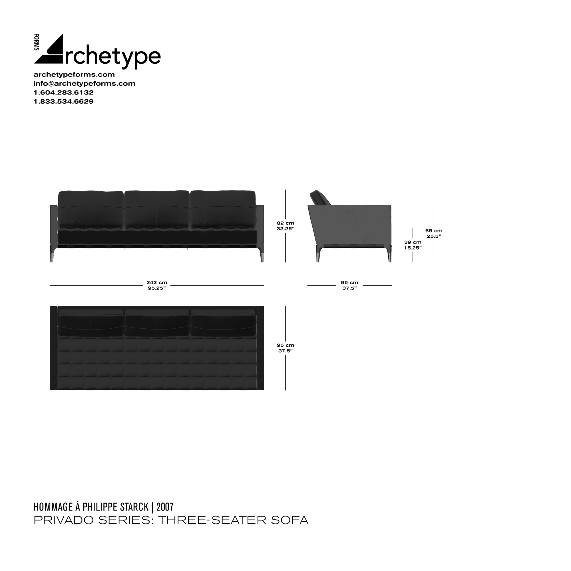 Dimensions diagram in cm and inches of the Archetype Forms Privado Series: Three-Seater Sofa, a reproduction of the Philippe Starck Privé 3-Seater Sofa Model 241 63 by Hommage À Philippe Starck