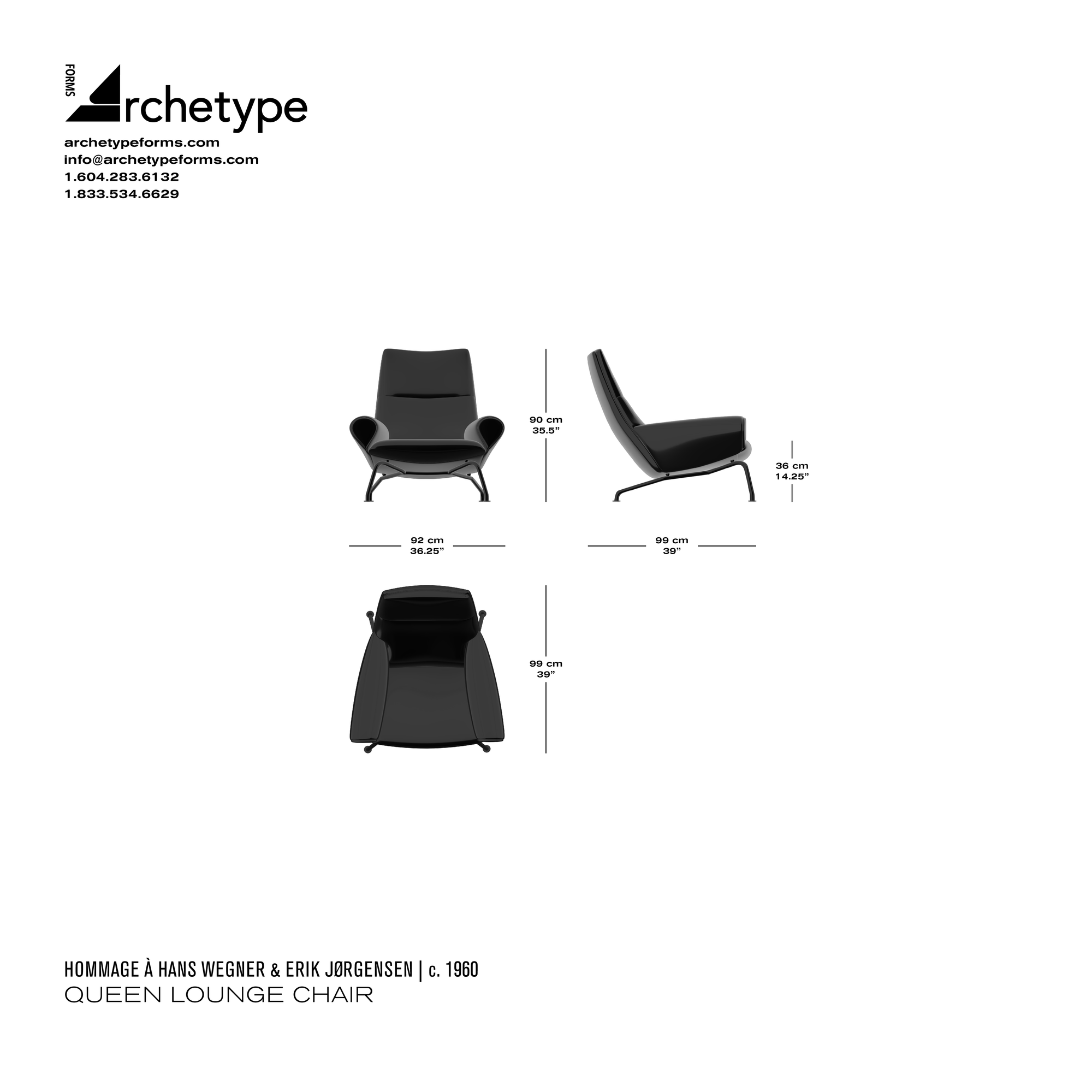 Dimensions diagram in cm and inches of the Archetype Forms Queen Lounge Chair, a reproduction of the Hans Wegner and Erik Jørgensen Queen Chair, also known as the Model EJ 101 and 1010 Queen Chair by Hommage À Erik Jørgensen & Hans Wegner