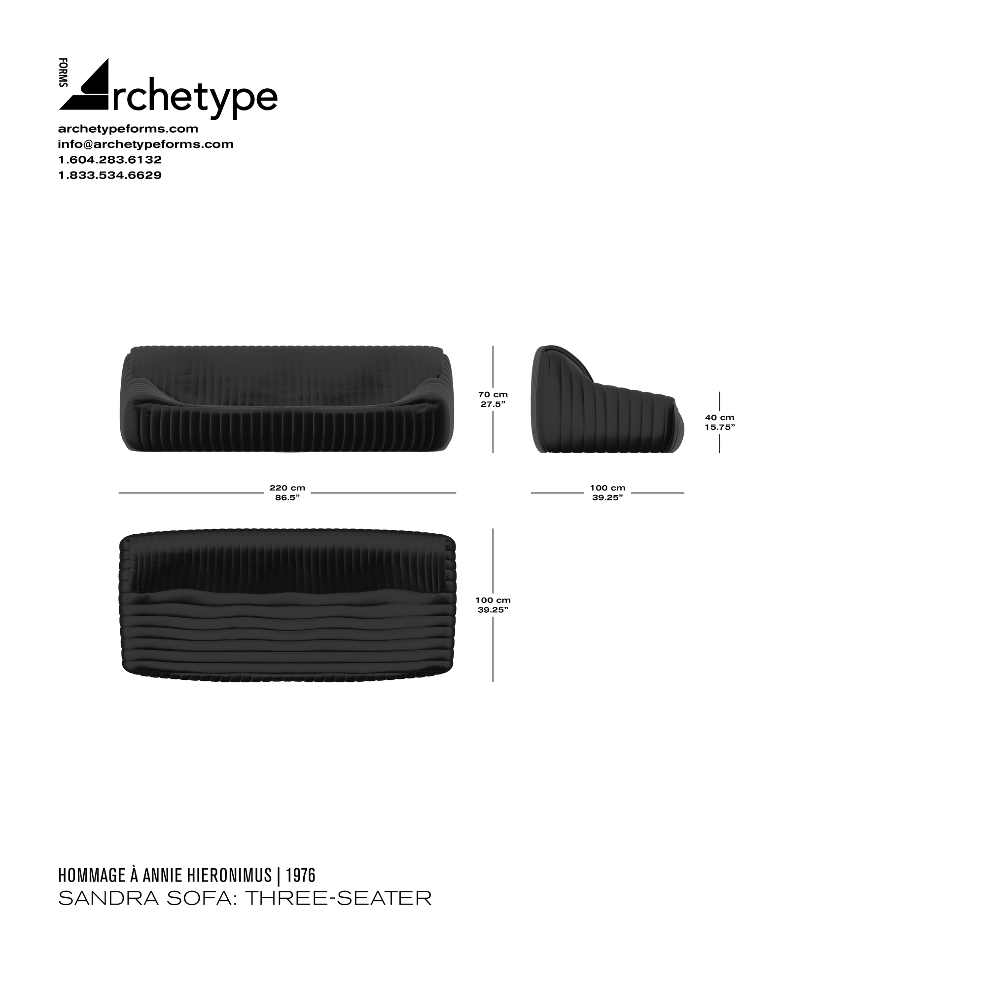 Dimensions diagram in cm and inches of the Archetype Forms Sandra Sofa: Three-Seater, a reproduction of the Annie Hieronimus Cinna Sandra 3-Seat Sofa by Hommage À Annie Hieronimus