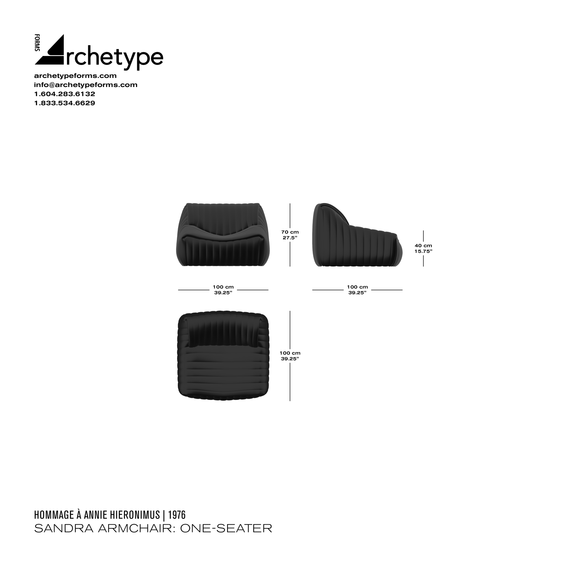 Dimensions diagram in cm and inches of the Archetype Forms Sandra: Armchair & Ottoman, a reproduction of the Annie Hieronimus Cinna Sandra Lounge Chair & Pouf Ottoman by Hommage À Annie Hieronimus