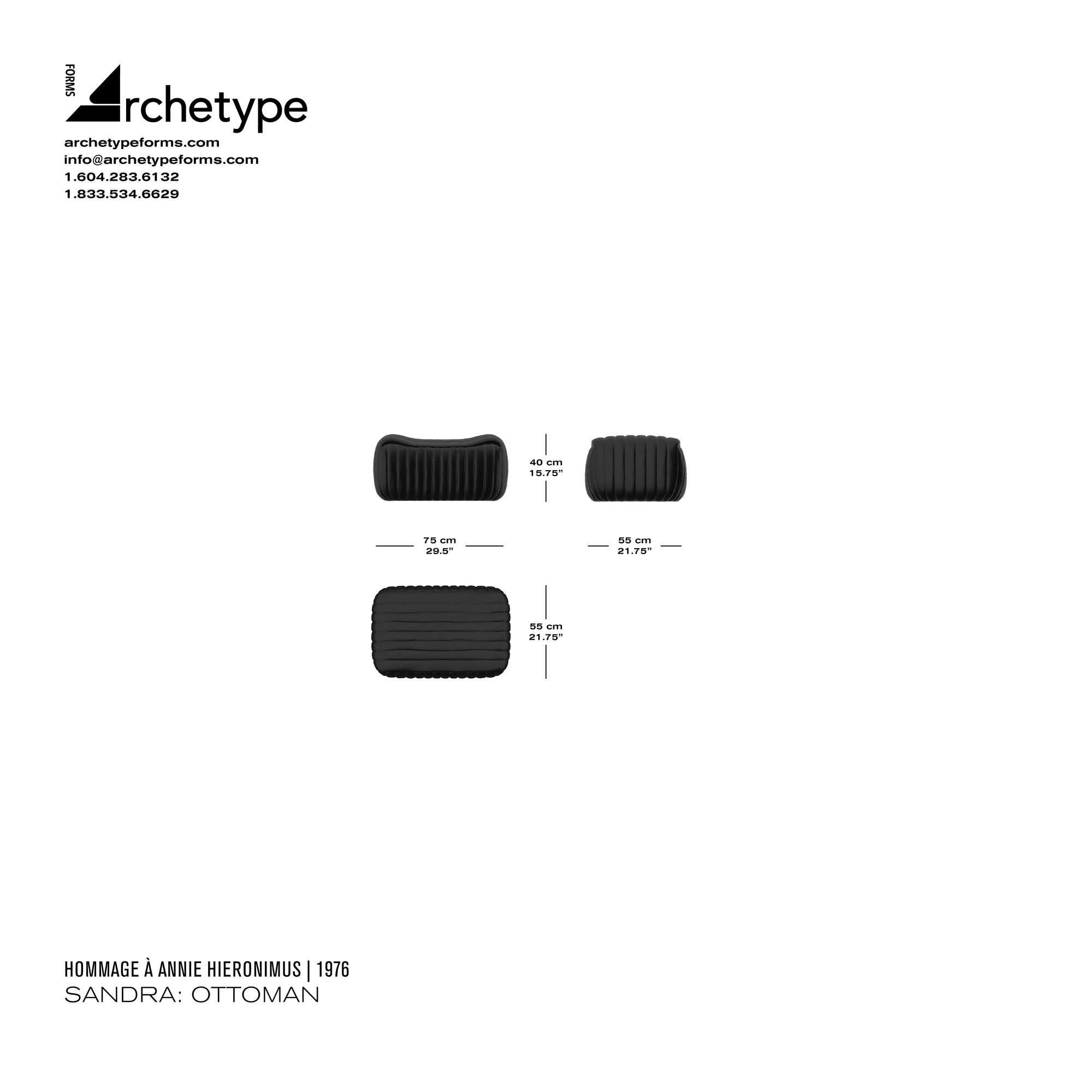 Dimensions diagram in cm and inches of the Archetype Forms Sandra: Ottoman, a reproduction of the Annie Hieronimus Cinna Sandra Pouf Ottoman by Hommage À Annie Hieronimus