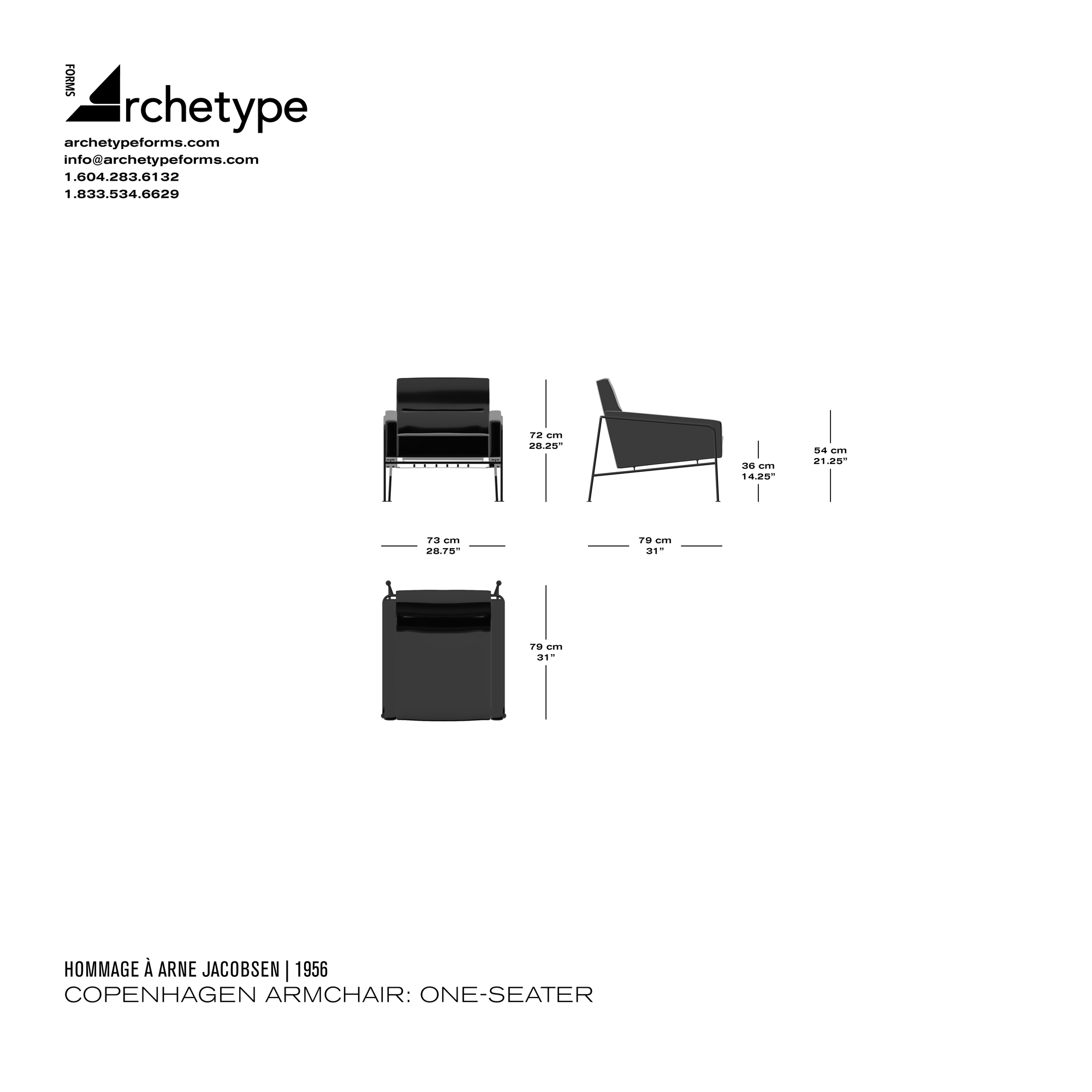 Dimensions diagram in cm and inches of the Archetype Forms Copenhagen Armchair: One-Seater, a reproduction of the Arne Jacobsen Series 3300 Lounge Chair model 3300-1 or 3301 by Hommage À Arne Jacobsen