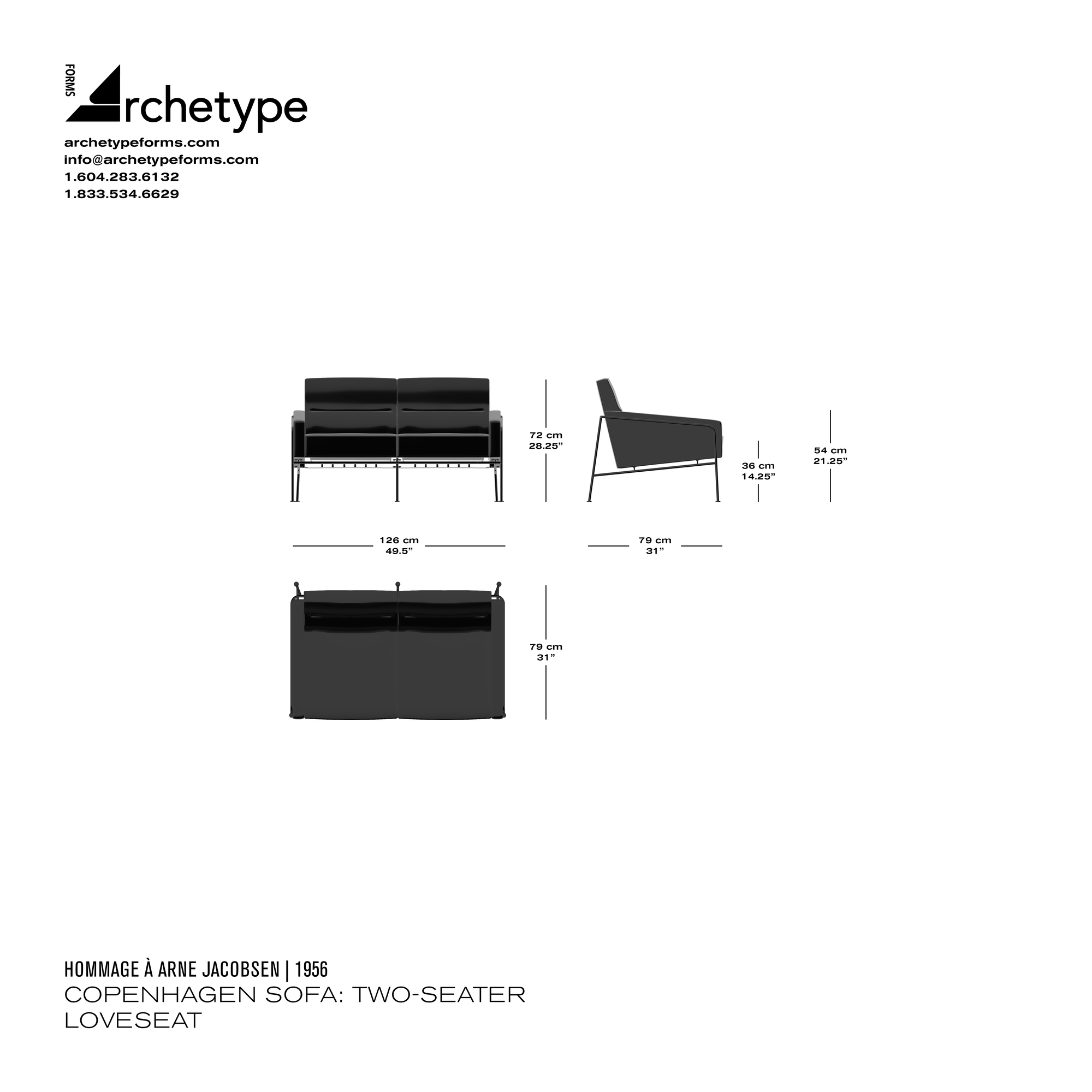 Dimensions diagram in cm and inches of the Archetype Forms Copenhagen Sofa: Two-Seater Loveseat, a reproduction of the Arne Jacobsen Series 3300 2-Seater Sofa Loveseat model 3300-2 or 3302 by Hommage À Arne Jacobsen