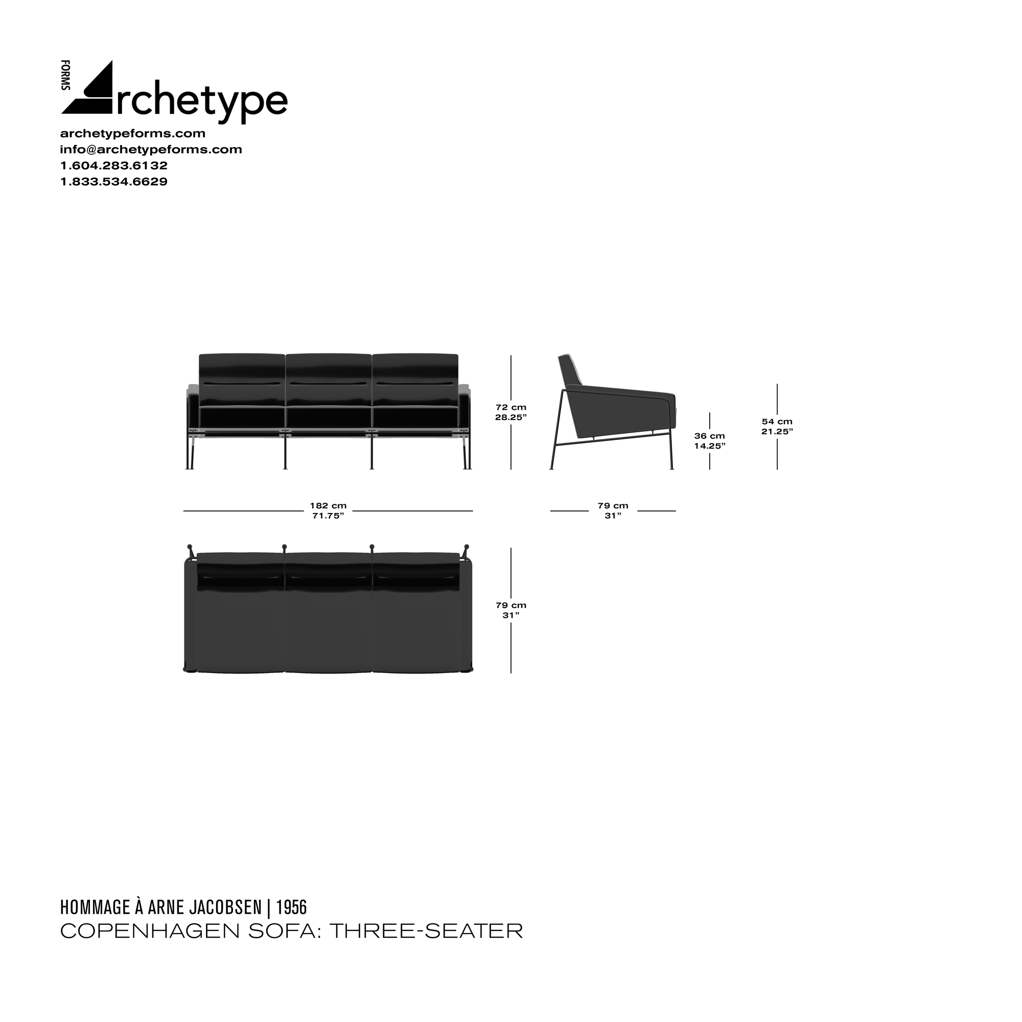Dimensions diagram in cm and inches of the Archetype Forms Copenhagen Sofa: Three-Seater, a reproduction of the Arne Jacobsen Series 3300 3-Seater Sofa model 3300-3 or 3303 by Hommage À Arne Jacobsen