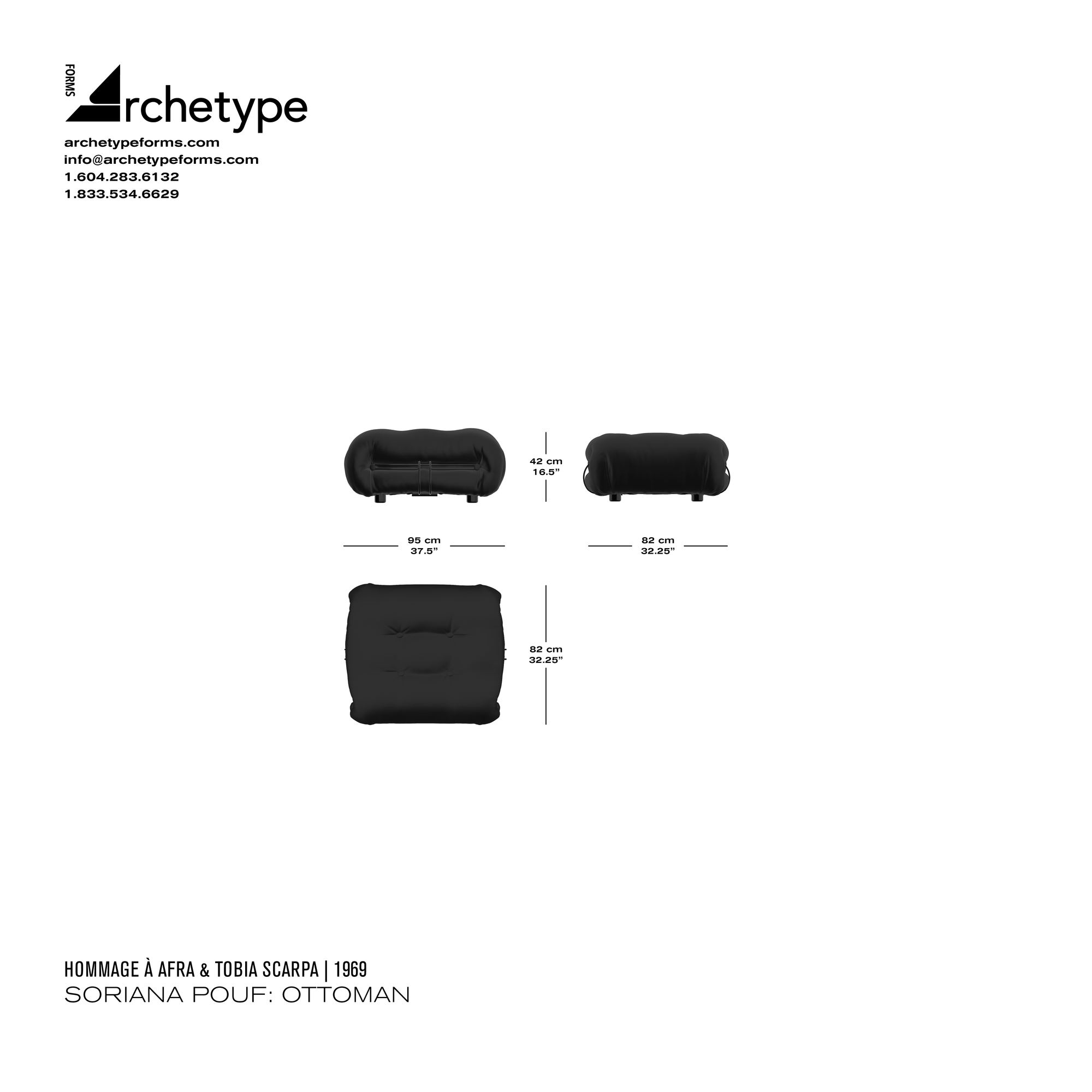 Dimensions diagram in cm and inches of the Archetype Forms Soriana Pouf: Ottoman, a reproduction of the Afra & Tobia Scarpa Soriana Pouf Ottoman Model 944 09 by Hommage À Afra & Tobia Scarpa
