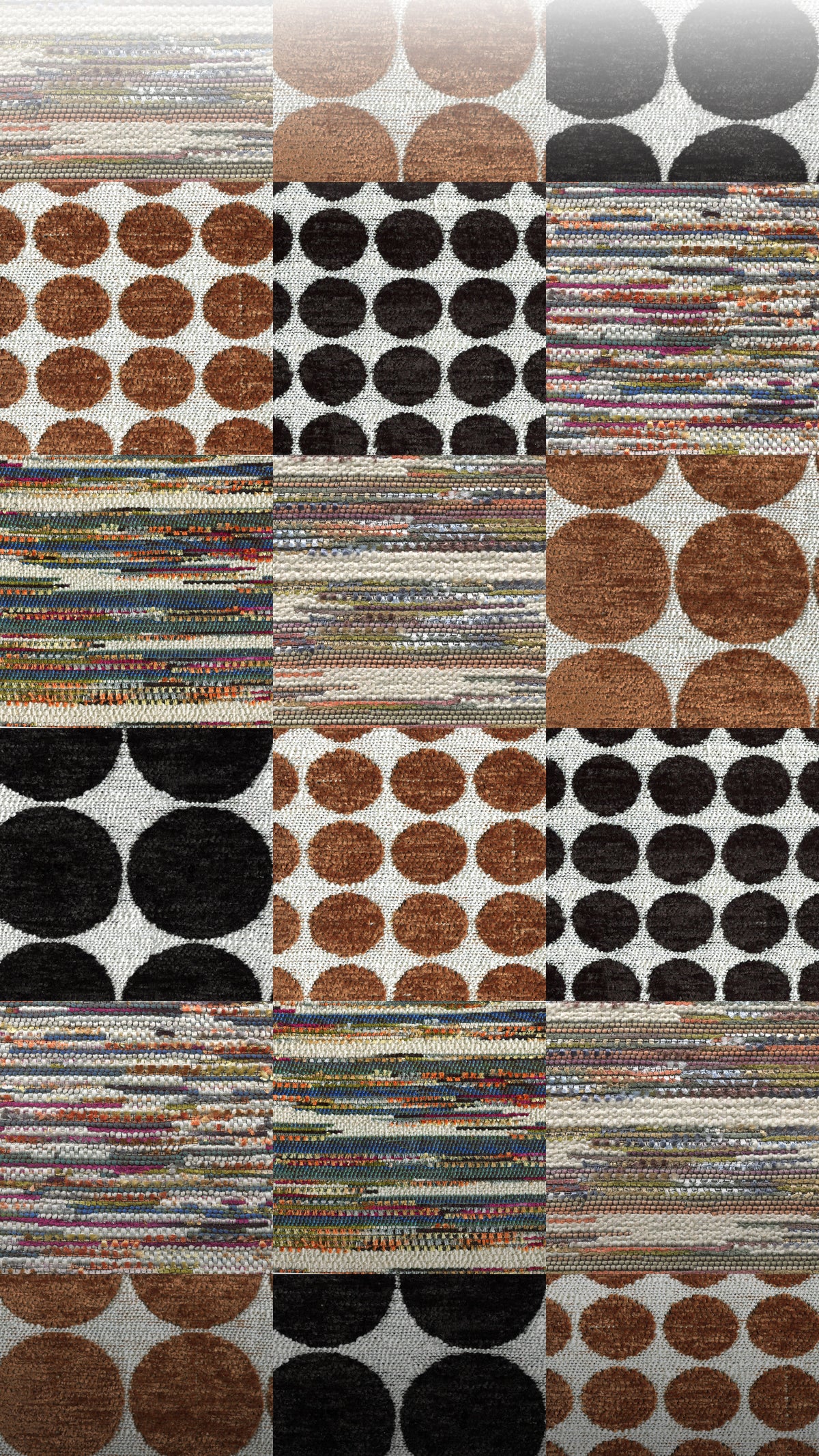 Flat swatches of the textured and patterned upholstery fabrics offered by Archetype Forms, including dot jacquards and wool textured stripes, in mixed colours - Mobile Hero Image