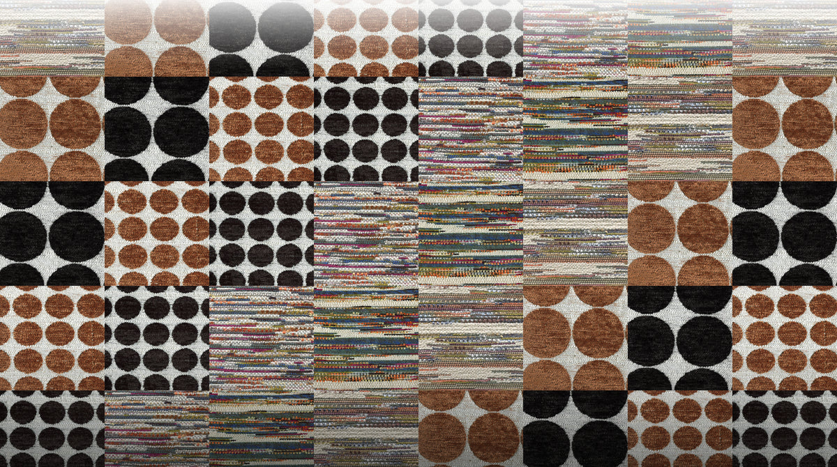 Flat swatches of the textured and patterned upholstery fabrics offered by Archetype Forms, including dot jacquards and wool textured stripes, in mixed colours
