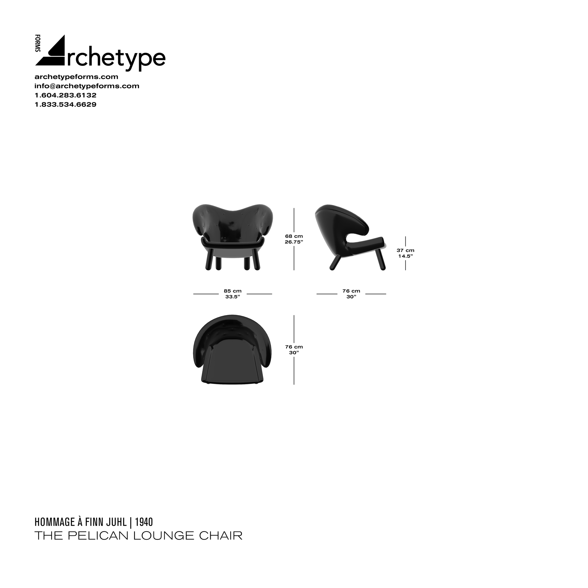 Dimensions diagram in cm and inches of the Archetype Forms The Pelican Lounge Chair, a reproduction of the Finn Juhl Pelican Chair, model FJ 4000 & FJ 4001 by Hommage À Finn Juhl
