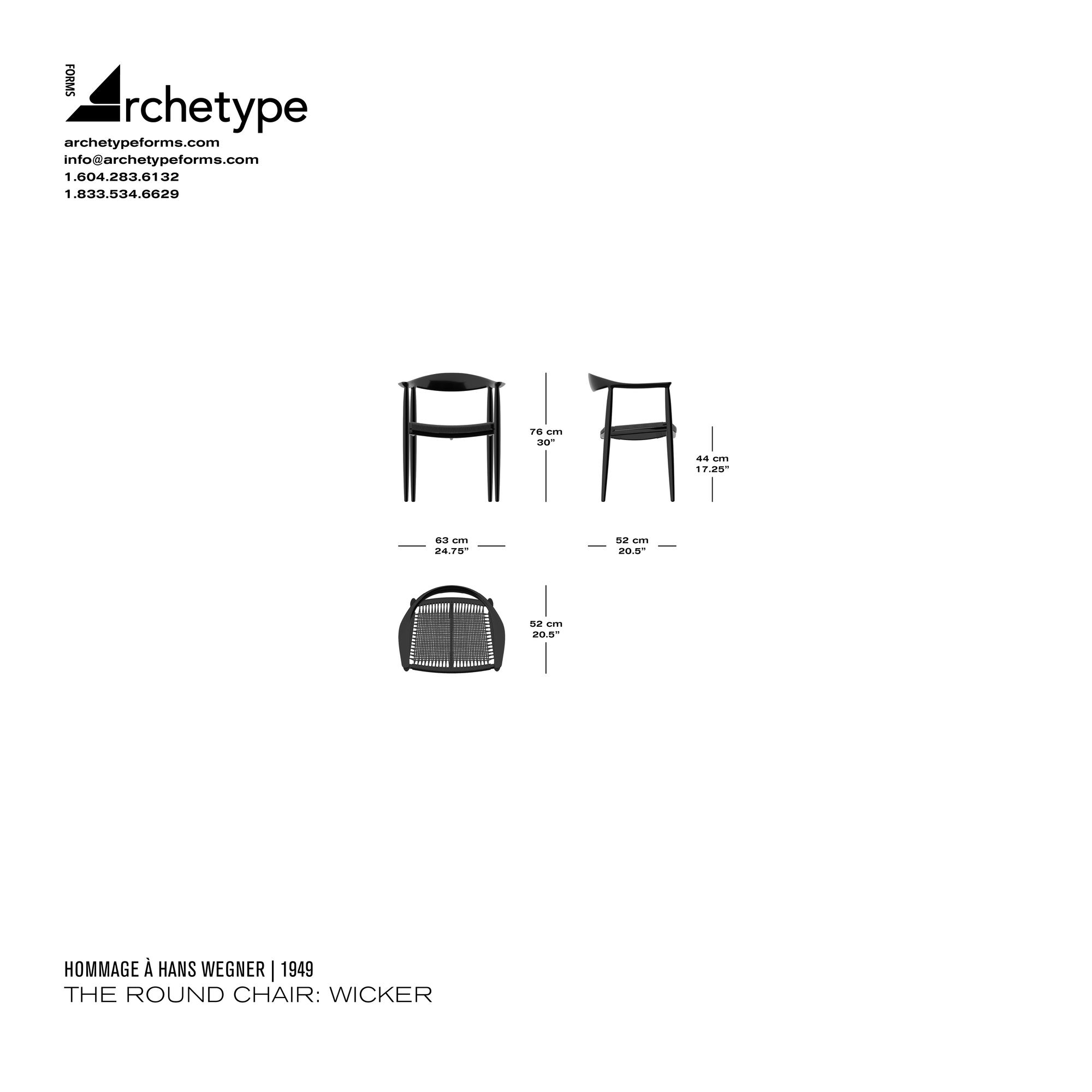 Dimensions diagram in cm and inches of the Archetype Forms The Round Chair: Wicker, a reproduction of the Hans J. Wegner Round Chair, Models PP503 & Jh203 Round Chair by Hommage À Hans Wegner