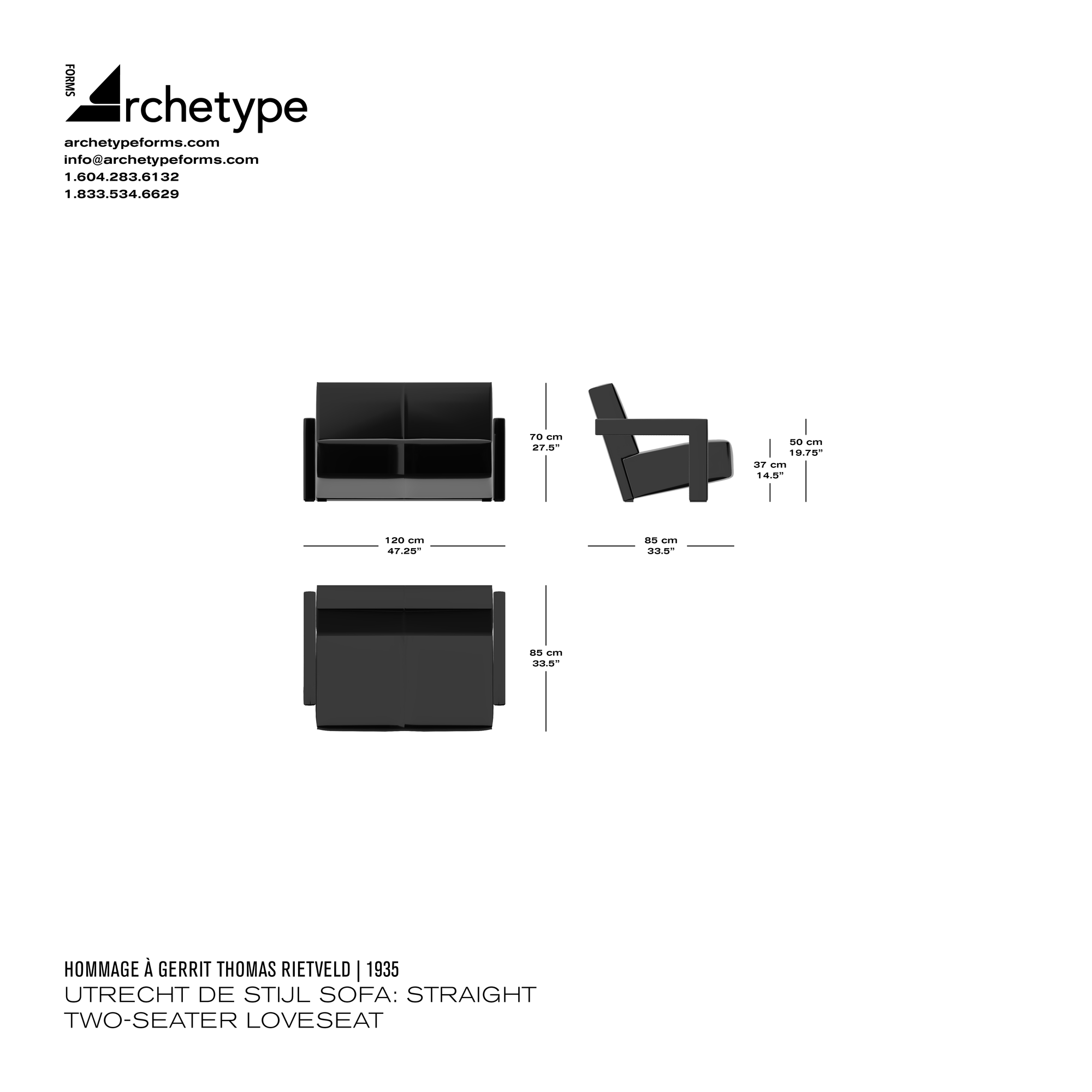 Dimensions diagram in cm and inches of the Archetype Forms Utrecht De Stijl Sofa: Straight Two-Seater Loveseat, a reproduction of the Gerrit Thomas Rietveld Utrecht Sofa model 637-12 by Hommage À Gerrit Thomas Rietveld
