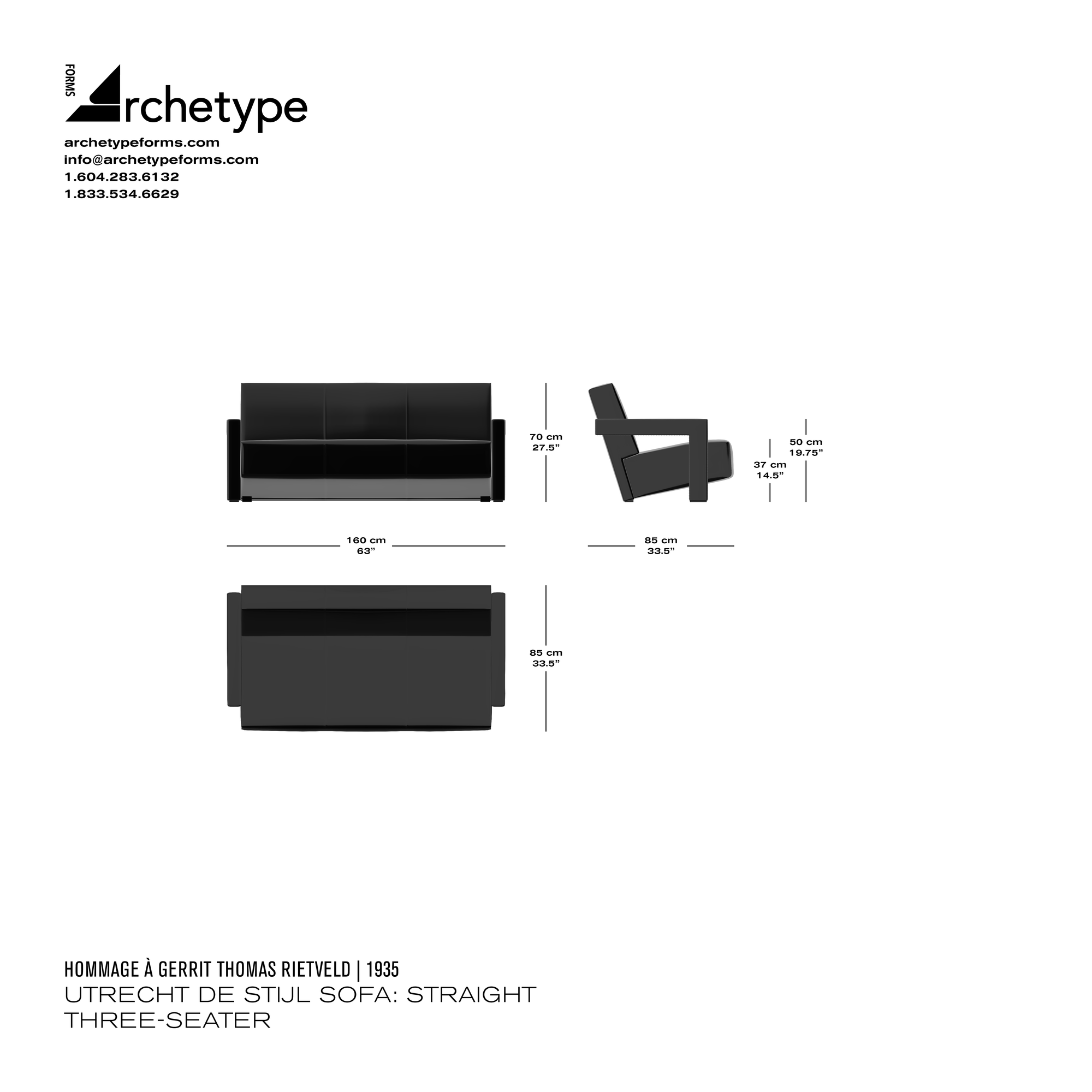 Dimensions diagram in cm and inches of the Archetype Forms Utrecht De Stijl Sofa: Straight Three-Seater, a reproduction of the Gerrit Thomas Rietveld Utrecht Sofa model 637-13 by Hommage À Gerrit Thomas Rietveld