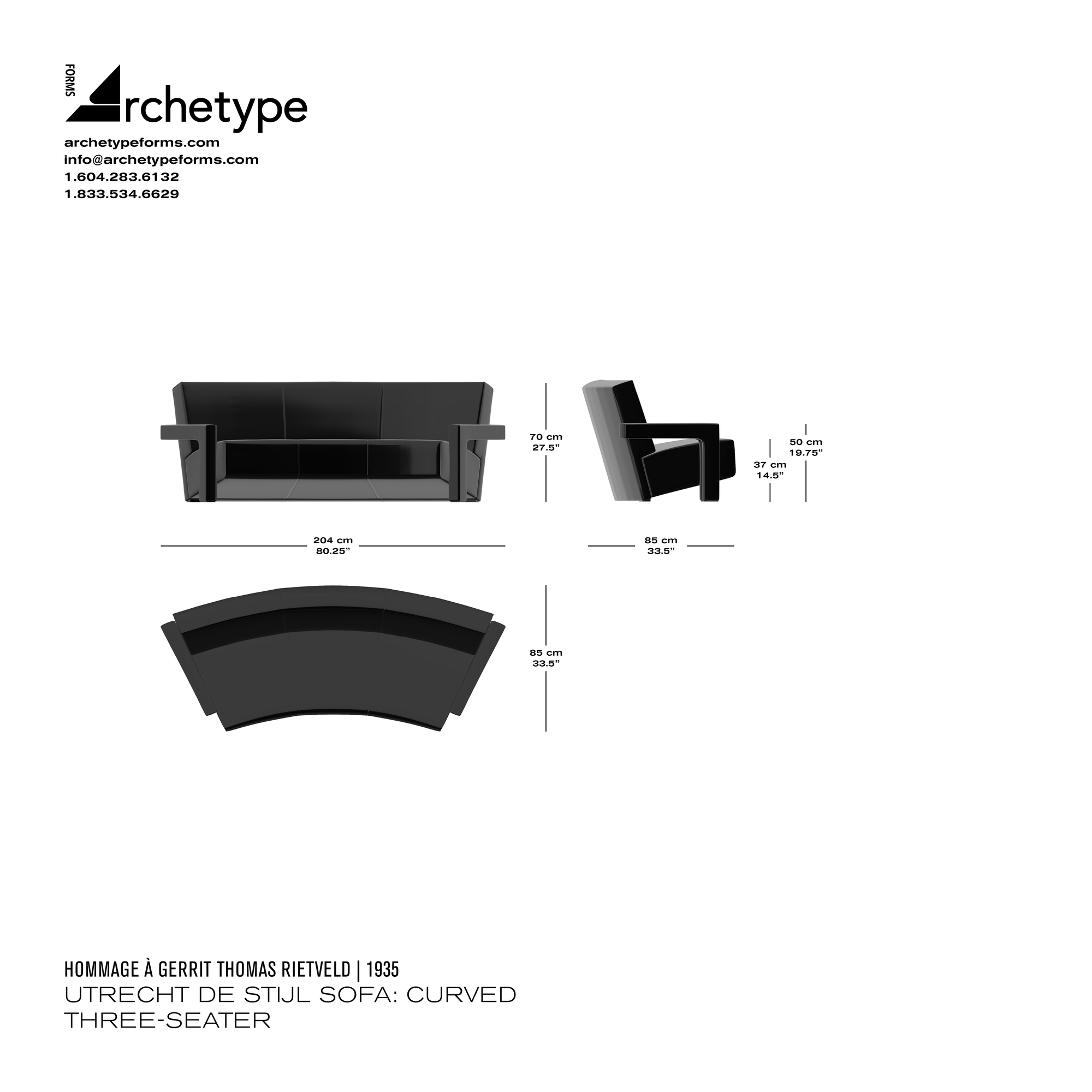 Dimensions diagram in cm and inches of the Archetype Forms Utrecht De Stijl Sofa: Curved Three-Seater, a reproduction of the Curved Gerrit Thomas Rietveld Utrecht Sofa model 637-03 by Hommage À Gerrit Thomas Rietveld
