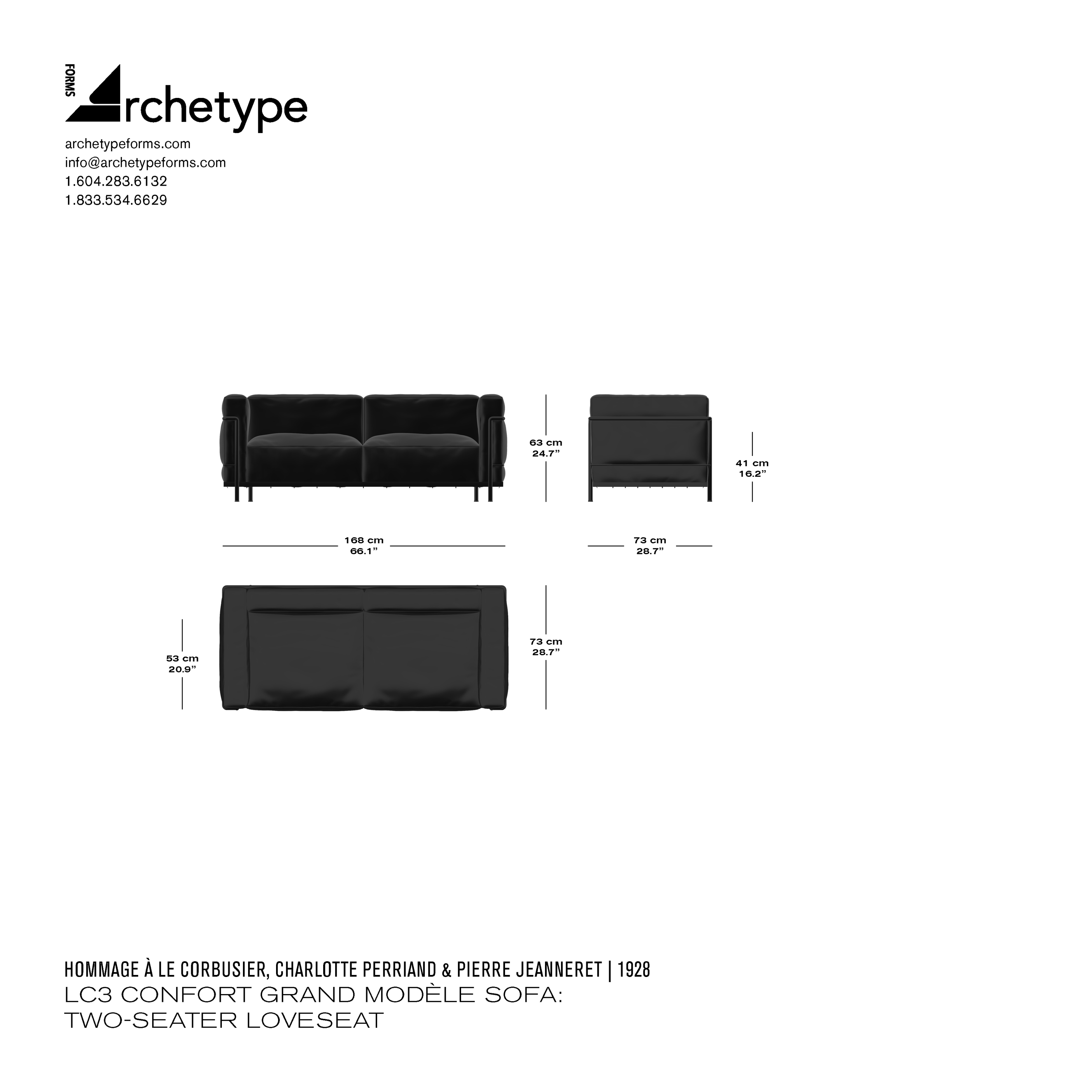 Le Corbusier LC3 sofa 2-seat Grand Confort loveseat dimensions showing width of 66.1 inches, depth of 28.7 inches, and height of 24.7 inches with technical diagram