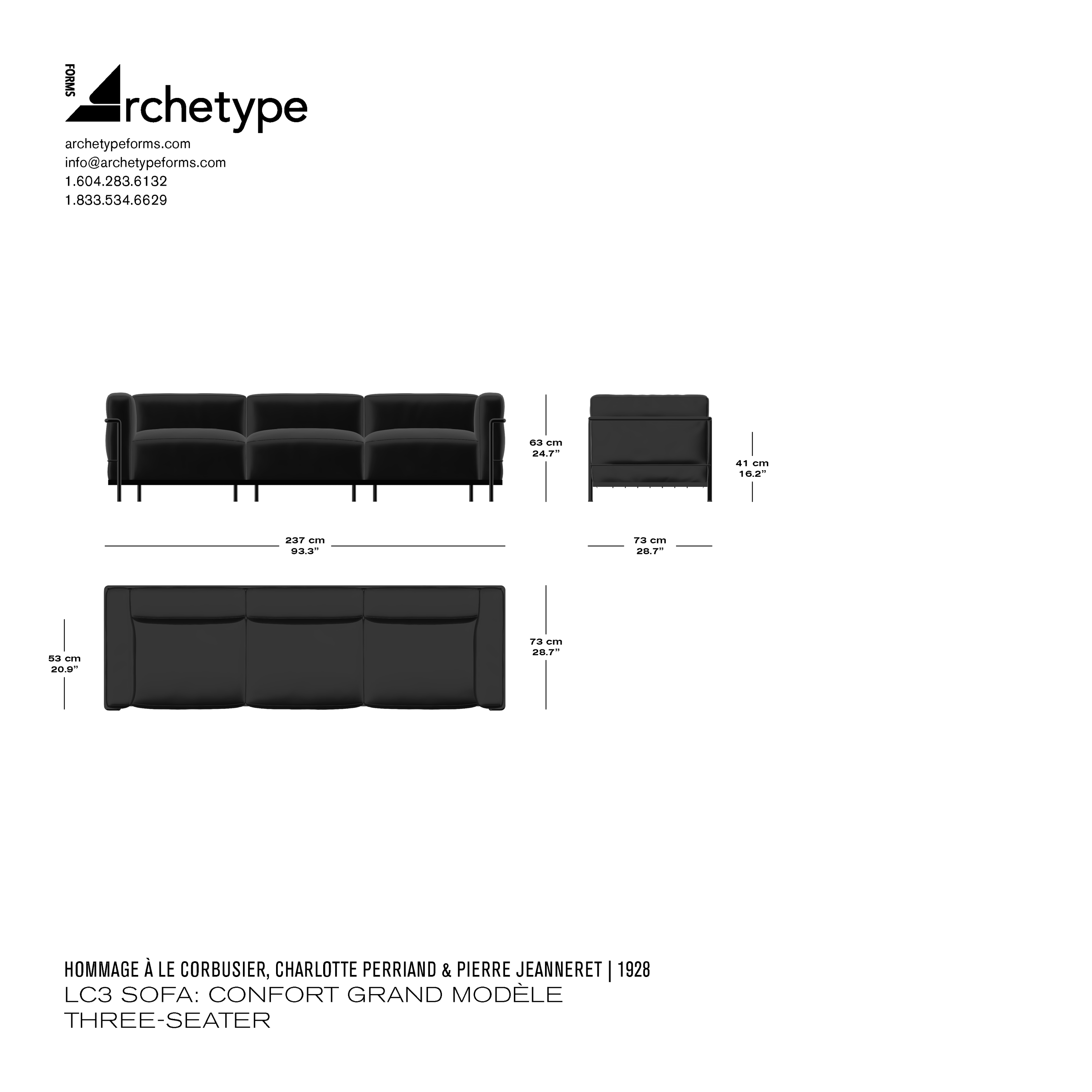 Le Corbusier LC3 sofa 3-seater Grand Confort dimensions showing width of 93.3 inches, depth of 28.7 inches, and height of 24.7 inches with technical diagram