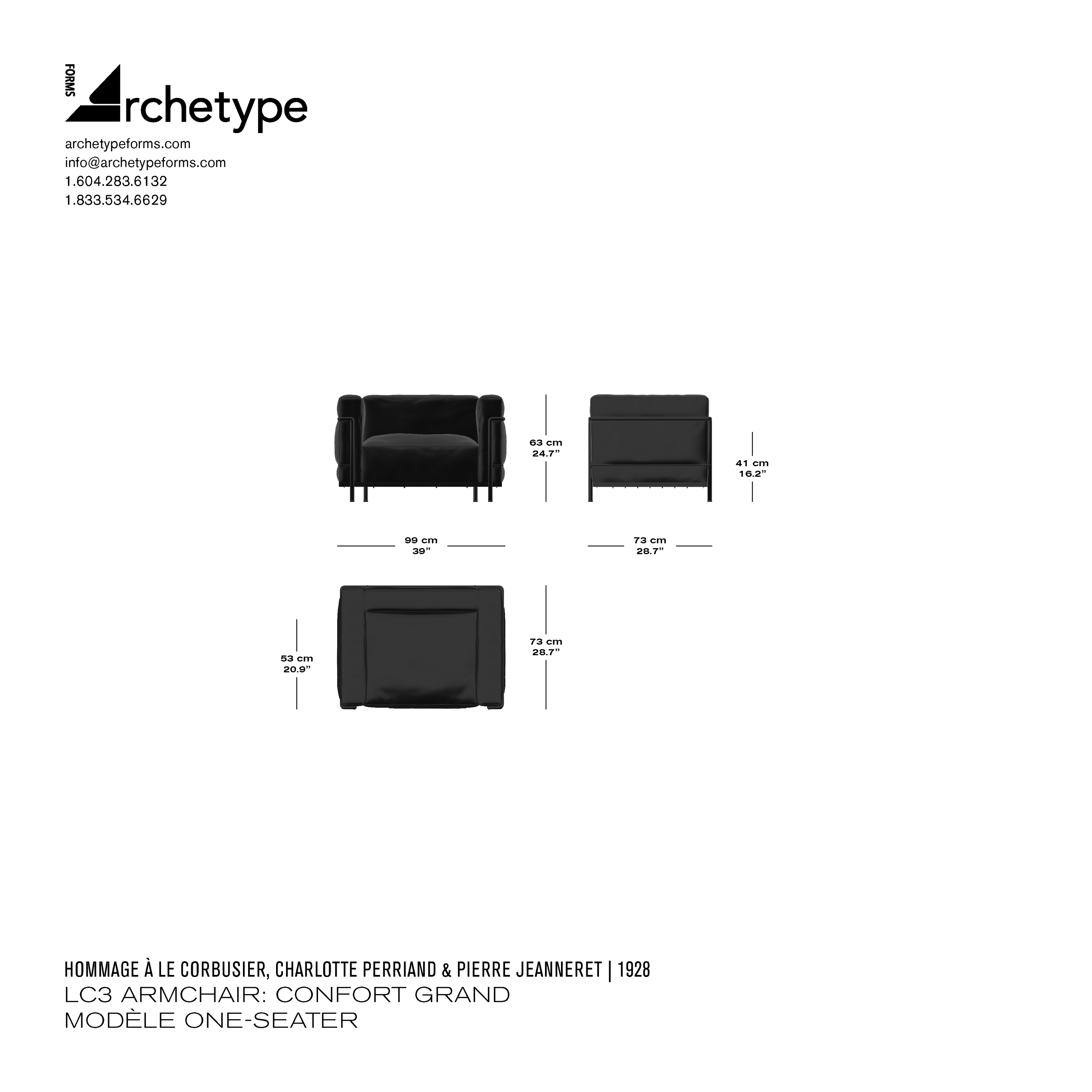 Le Corbusier LC3 Grand Confort armchair dimensions showing width of 39 inches, depth of 28.7 inches, and height of 24.7 inches with technical diagram