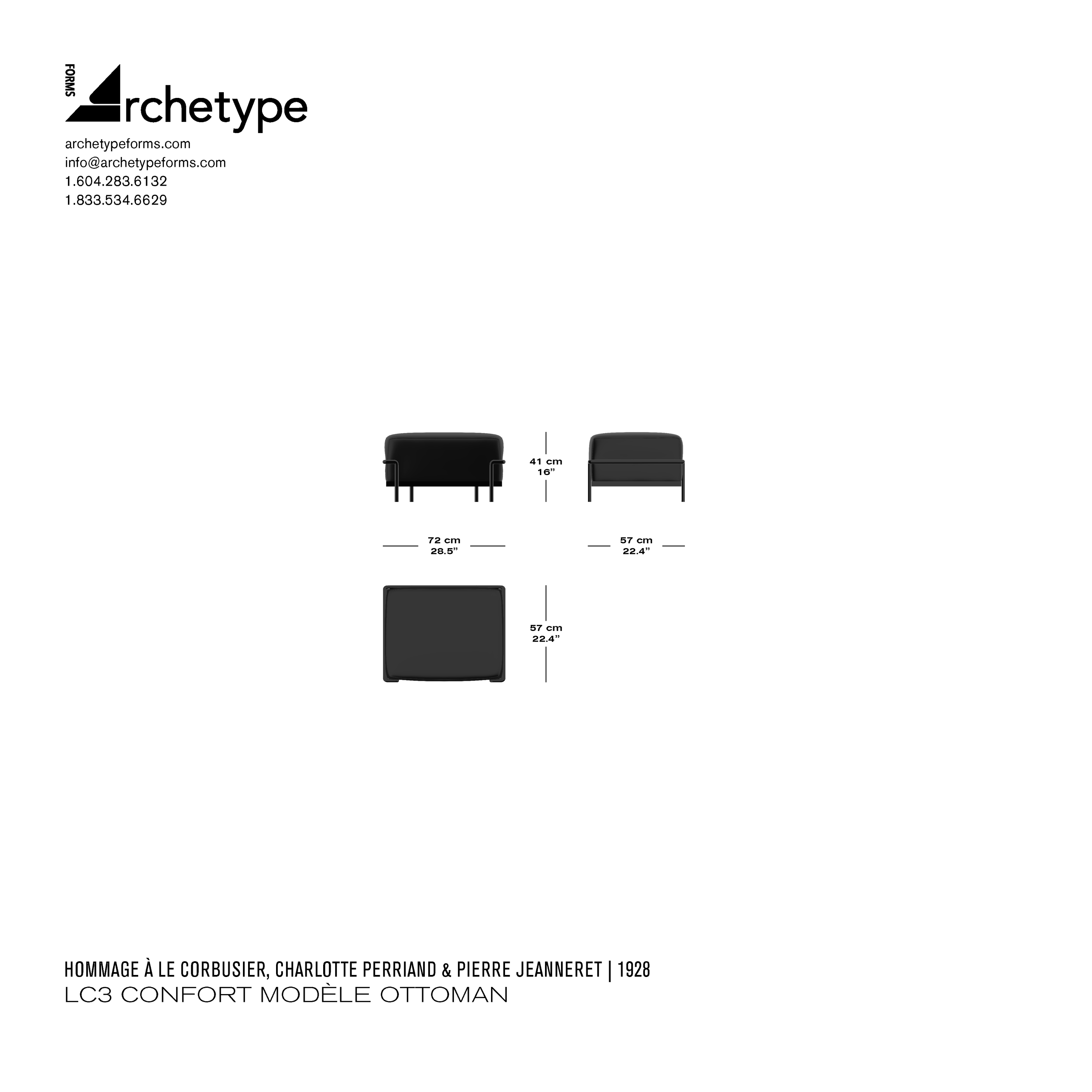Le Corbusier LC3 Grand Confort ottoman ottomane dimensions showing width of 28.5 inches, depth of 22.4 inches, and height of 16 inches with technical diagram
