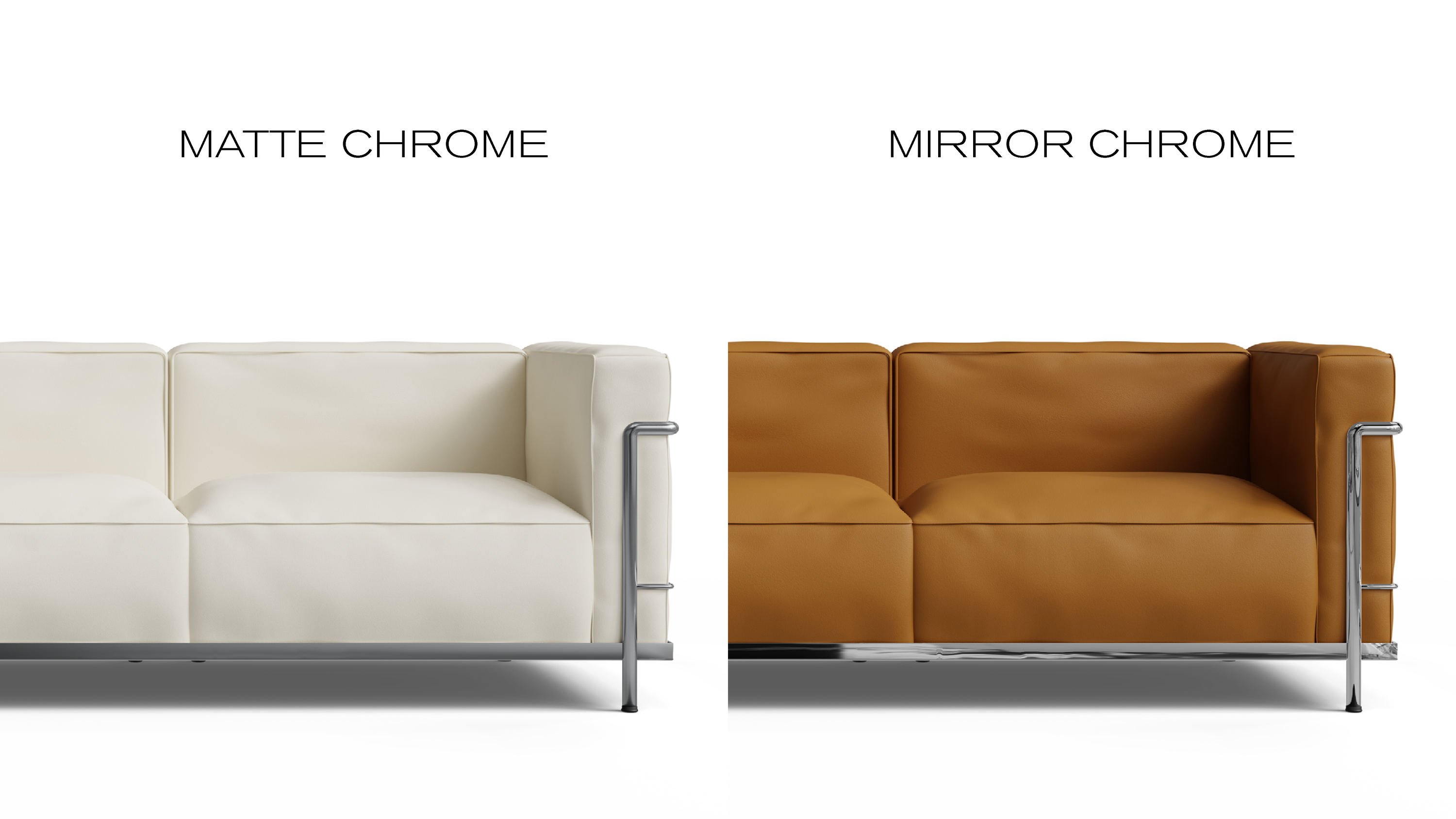 Le Corbusier LC3 sofa frame finish comparison showing matte-satin chrome and mirror polished chrome on authentic LC3 furniture