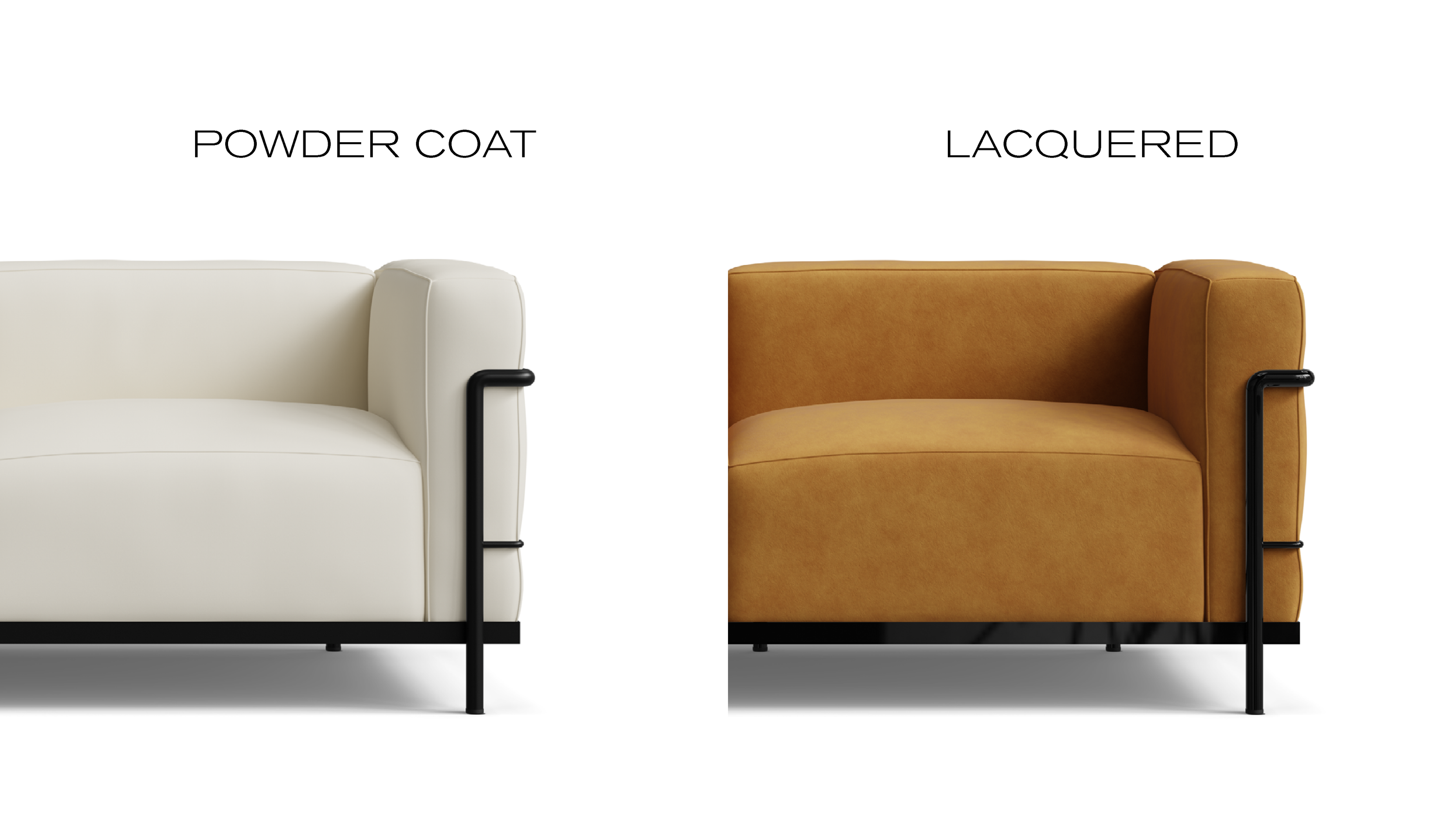 Le Corbusier LC3 chair frame finish comparison between matte powder coating and high-gloss lacquer paint on stainless steel base