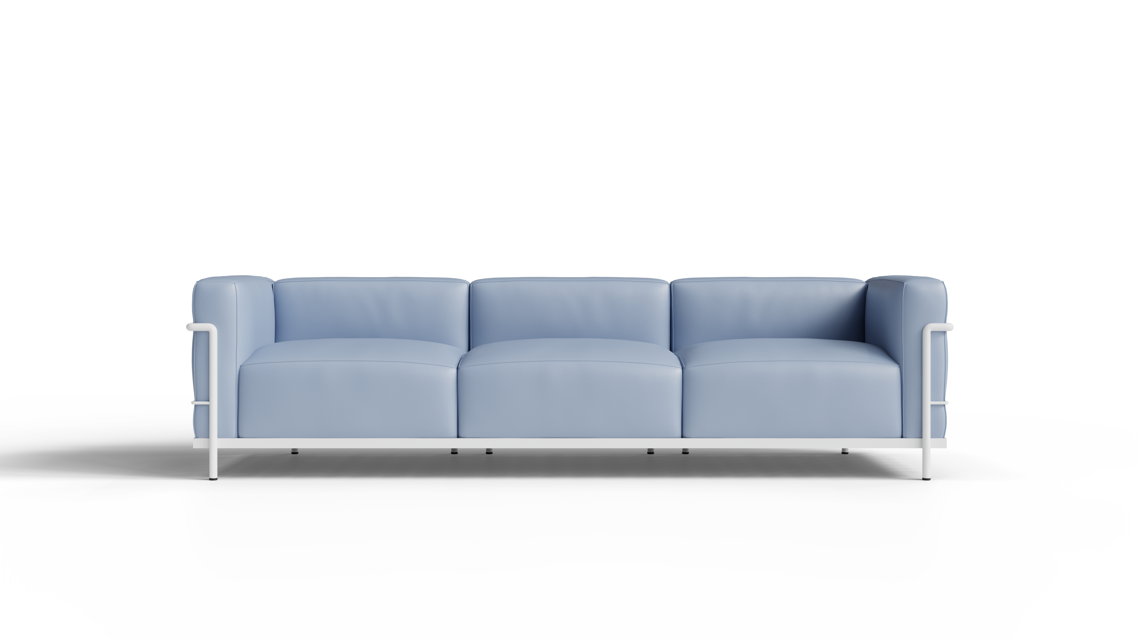 Le Corbusier LC3 Sofa in Canada and the USA LC3 Confort Grand Modele Sofa Three-Seater - Blue Leather, White Powder-Coated Frame - Front