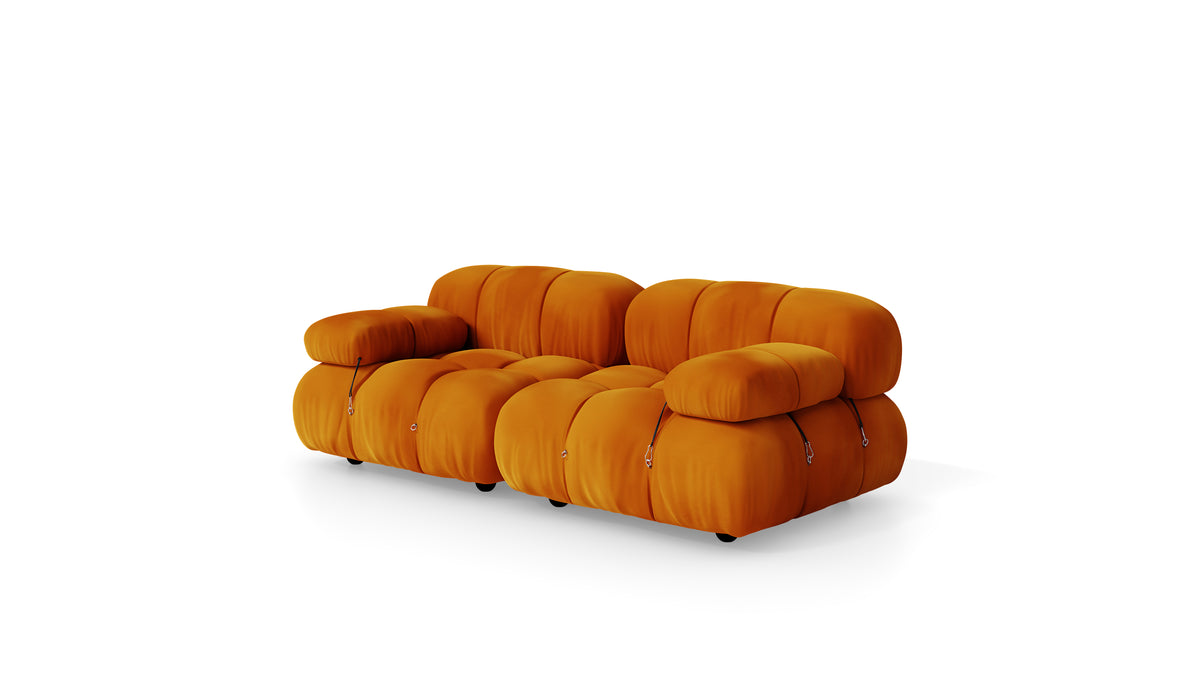 Golden Ochre Velvet Mario Bellini Camaleonda 2-Seater Sofa reproduction, Caméléonde Sofa: Two-Seater Short Arms by Archetype Forms, in the USA and Canada - Front Angle
