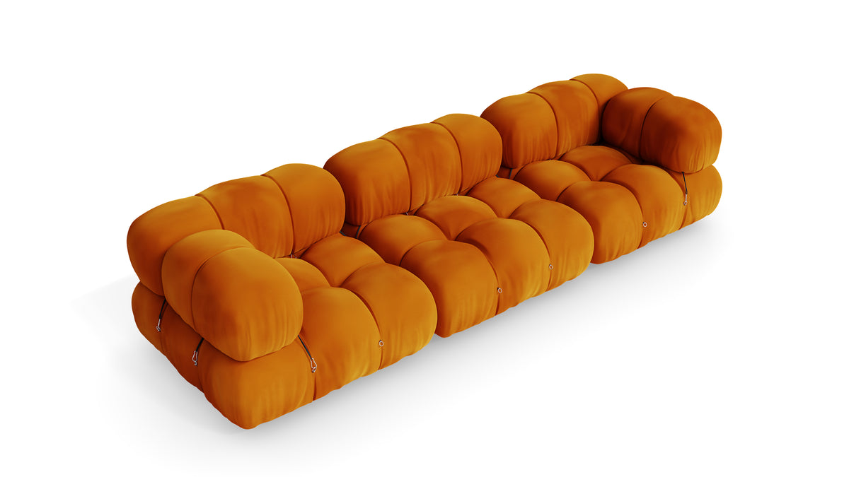 Golden Ochre Velvet Mario Bellini Camaleonda 3-Seater Sofa reproduction, Caméléonde Sofa: Three-Seater by Archetype Forms, in the USA and Canada - Elevated Front Angle 2