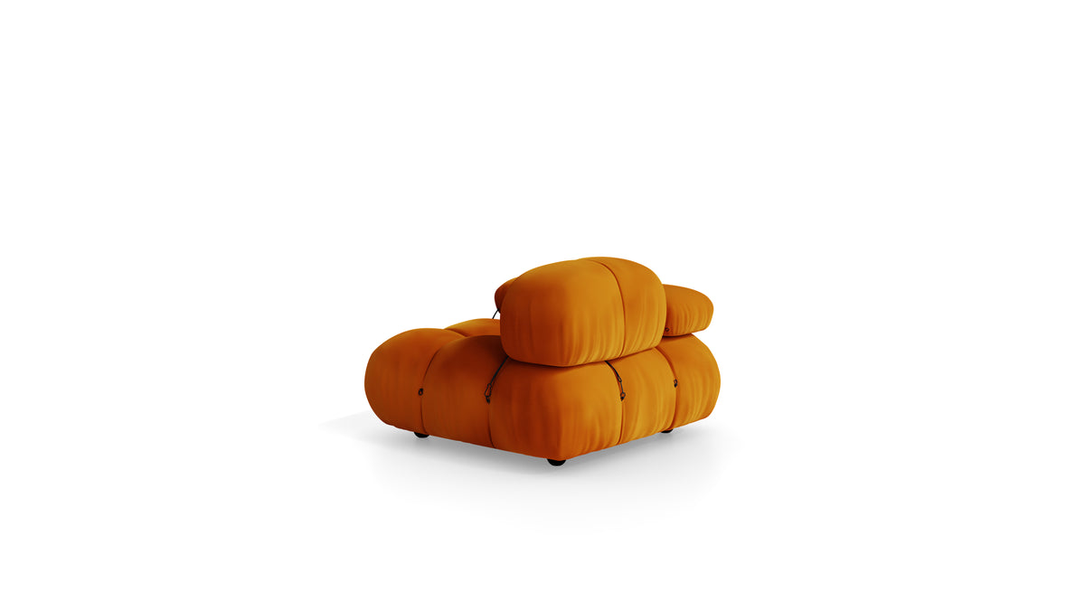 Golden Ochre Velvet Mario Bellini Camaleonda Armchair reproduction, Caméléonde Armchair: High Back Low Arm by Archetype Forms, in the USA and Canada - Back Angle