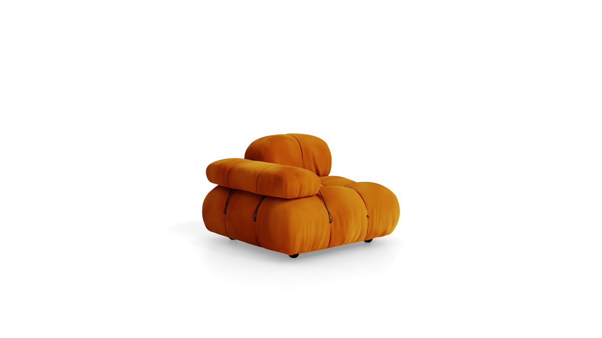 Golden Ochre Velvet Mario Bellini Camaleonda Armchair reproduction, Caméléonde Armchair: High Back Low Arm by Archetype Forms, in the USA and Canada - Front Angle 2