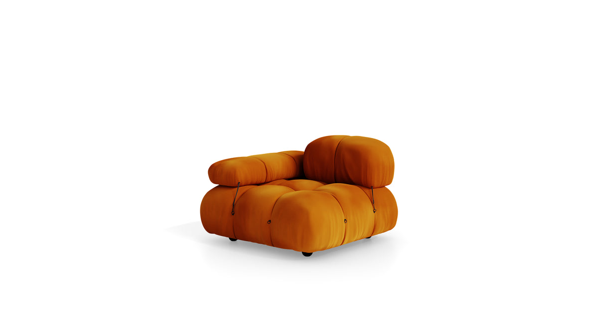 Golden Ochre Velvet Mario Bellini Camaleonda Armchair reproduction, Caméléonde Armchair: High Back Low Arm by Archetype Forms, in the USA and Canada - Front Angle