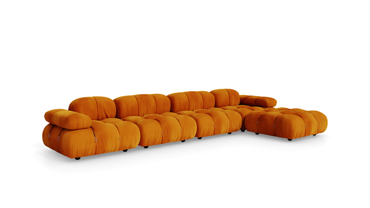 Golden Ochre Velvet Mario Bellini Camaleonda Sectional Sofa reproduction, Caméléonde Sectional: Five-Module with Ottoman by Archetype Forms, in the USA and Canada - Front Angle 2