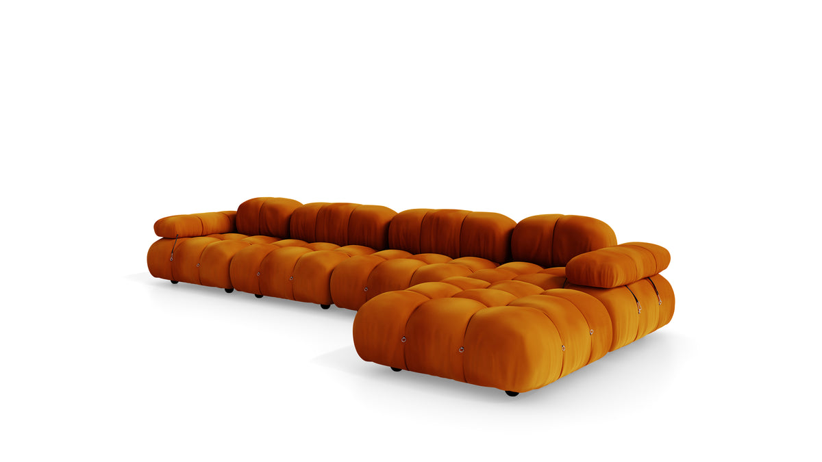 Golden Ochre Velvet Mario Bellini Camaleonda Sectional Sofa reproduction, Caméléonde Sectional: Five-Module with Ottoman by Archetype Forms, in the USA and Canada - Front Angle