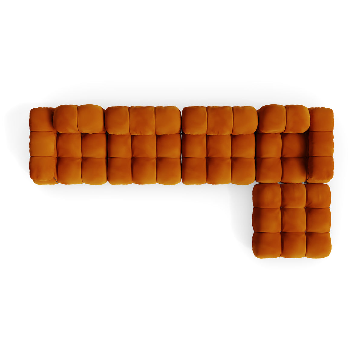 Golden Ochre Velvet Mario Bellini Camaleonda Sectional Sofa reproduction, Caméléonde Sectional: Five-Module with Ottoman by Archetype Forms, in the USA and Canada - Modular by Design, Birds Eye View
