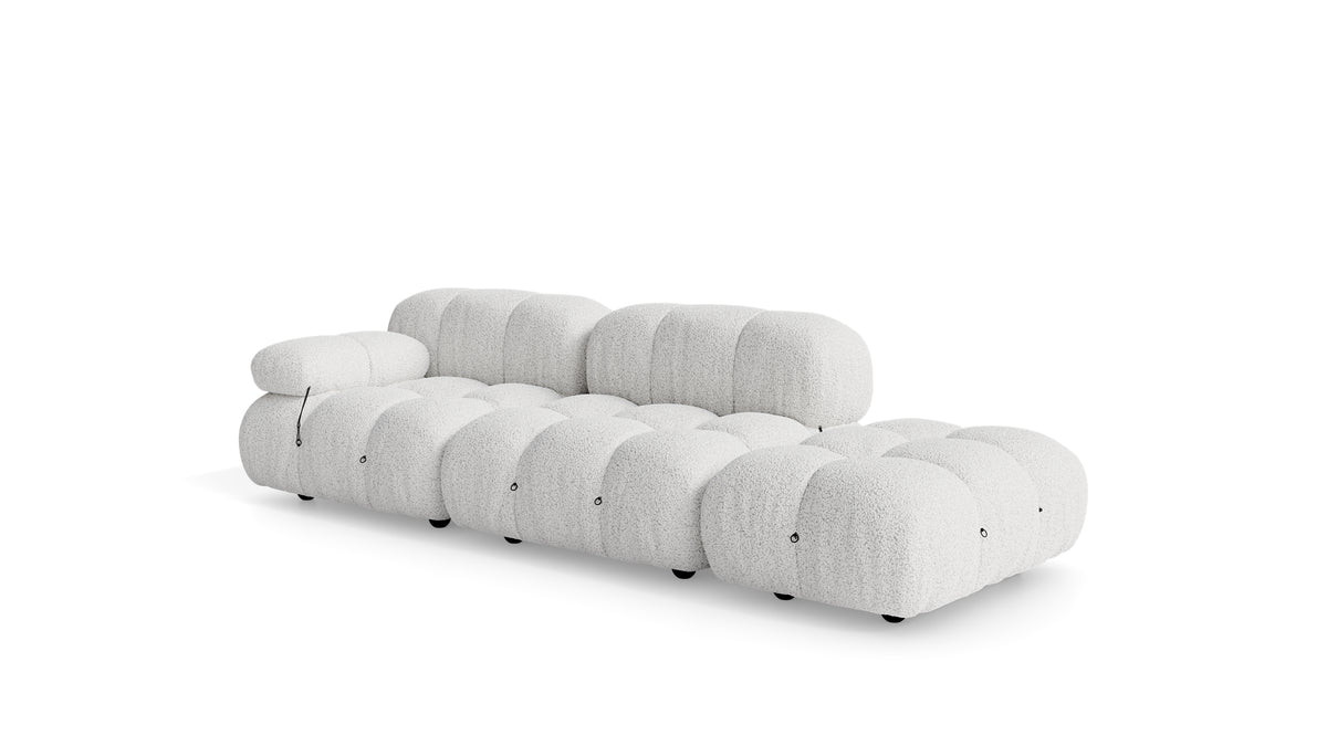 Marshmallow White Boucle Mario Bellini Camaleonda Sofa reproduction, Caméléonde Sofa: Three-Module with Ottoman End by Archetype Forms, in the USA and Canada - Front Angle