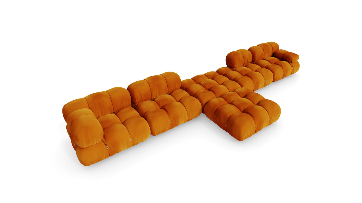 Golden Ochre Velvet Mario Bellini Camaleonda Sofa Composition reproduction, Caméléonde Grand Composition by Archetype Forms, in the USA and Canada - Hero