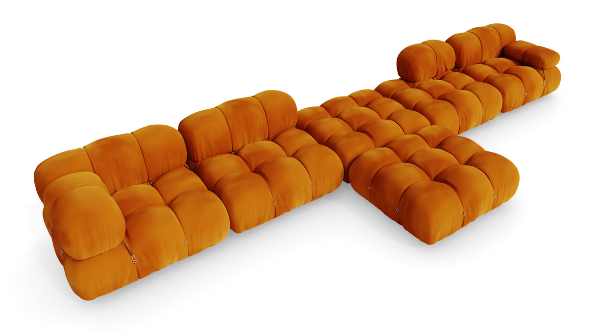 Golden Ochre Velvet Mario Bellini Camaleonda Sofa Composition reproduction, Caméléonde Grand Composition by Archetype Forms, in the USA and Canada - Elevated Front Angle 2