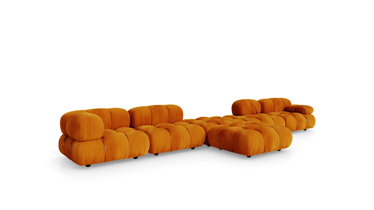 Golden Ochre Velvet Mario Bellini Camaleonda Sofa Composition reproduction, Caméléonde Grand Composition by Archetype Forms, in the USA and Canada - Front Angle 2