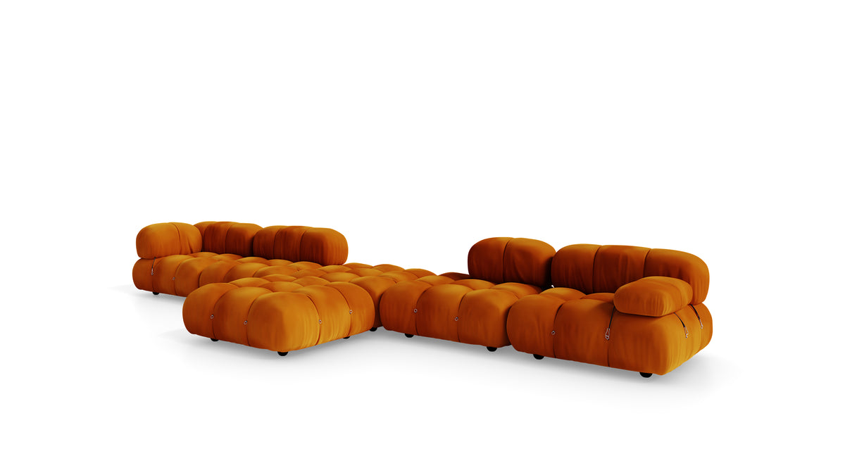 Golden Ochre Velvet Mario Bellini Camaleonda Sofa Composition reproduction, Caméléonde Grand Composition by Archetype Forms, in the USA and Canada - Front Angle