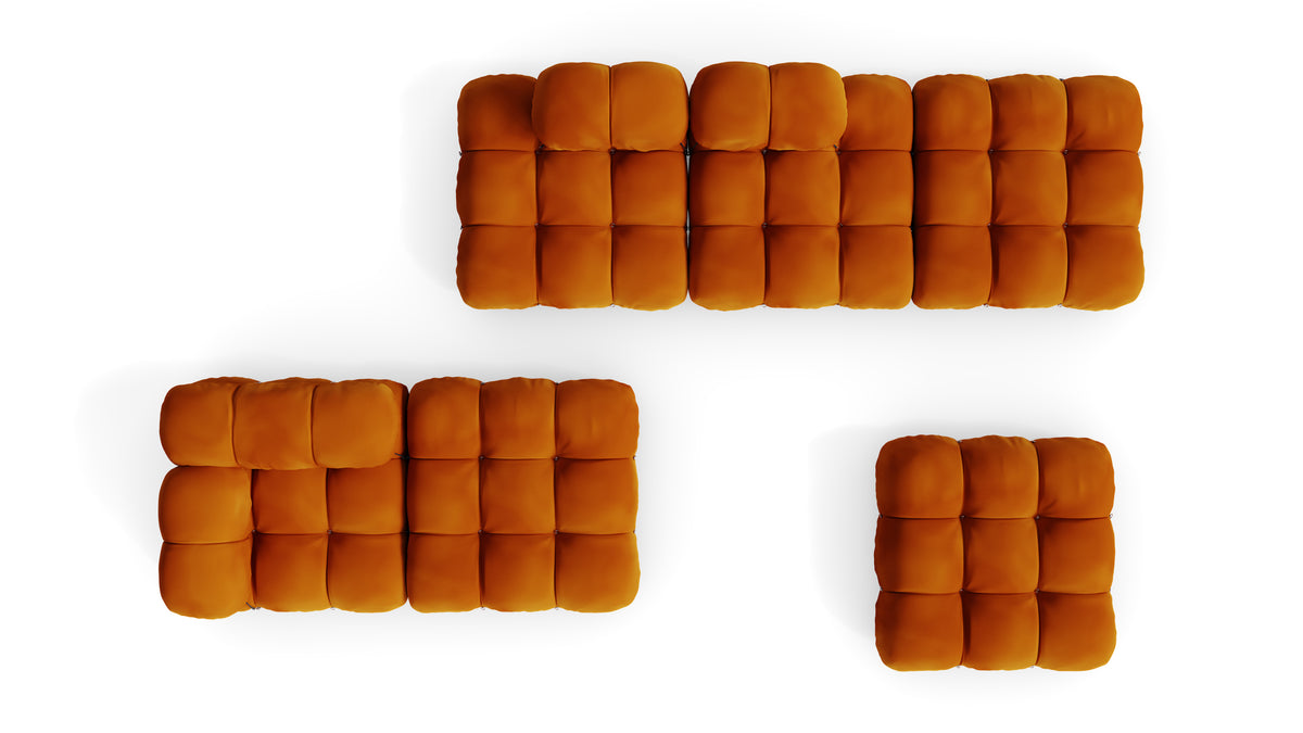 Golden Ochre Velvet Mario Bellini Camaleonda Sofa Composition reproduction, Caméléonde Lounge Composition with Ottomans by Archetype Forms, in the USA and Canada - Birds Eye View