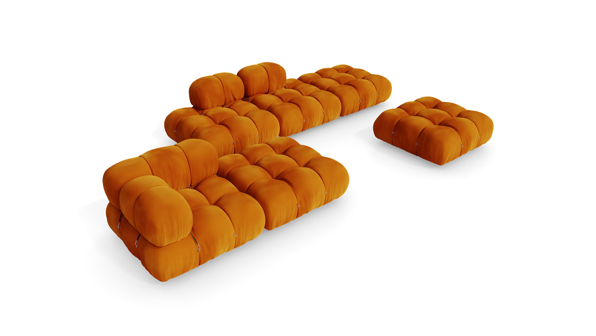 Golden Ochre Velvet Mario Bellini Camaleonda Sofa Composition reproduction, Caméléonde Lounge Composition with Ottomans by Archetype Forms, in the USA and Canada - Hero