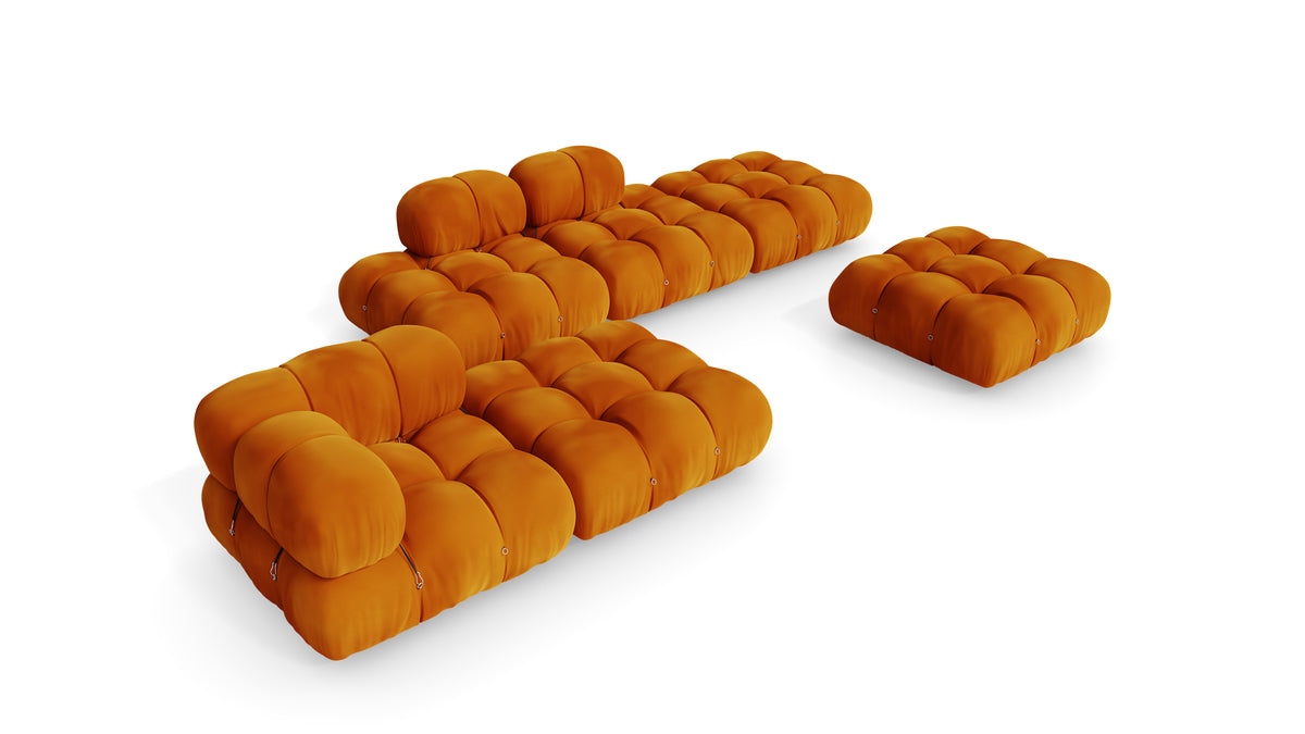 Golden Ochre Velvet Mario Bellini Camaleonda Sofa Composition reproduction, Caméléonde Lounge Composition with Ottomans by Archetype Forms, in the USA and Canada - Elevated Front Angle 2