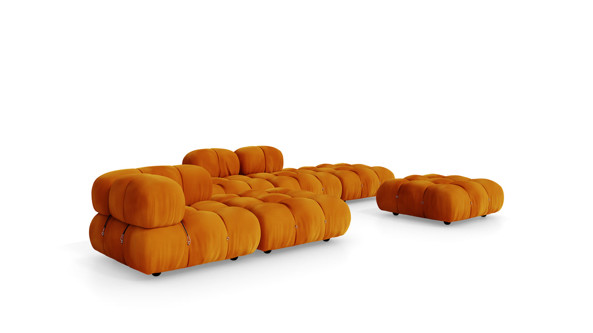 Golden Ochre Velvet Mario Bellini Camaleonda Sofa Composition reproduction, Caméléonde Lounge Composition with Ottomans by Archetype Forms, in the USA and Canada - Front Angle 2