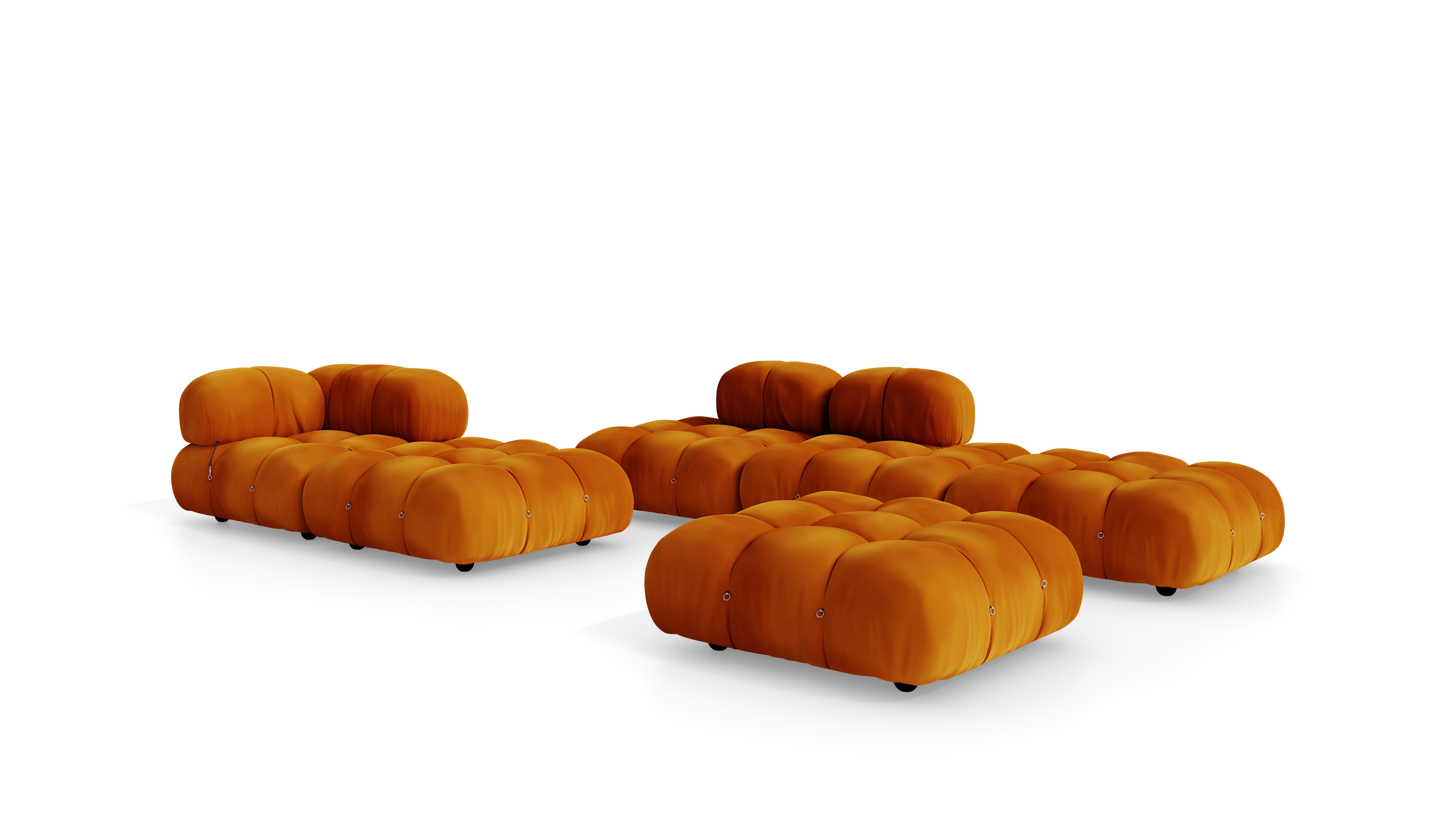 Golden Ochre Velvet Mario Bellini Camaleonda Sofa Composition reproduction, Caméléonde Lounge Composition with Ottomans by Archetype Forms, in the USA and Canada - Front Angle