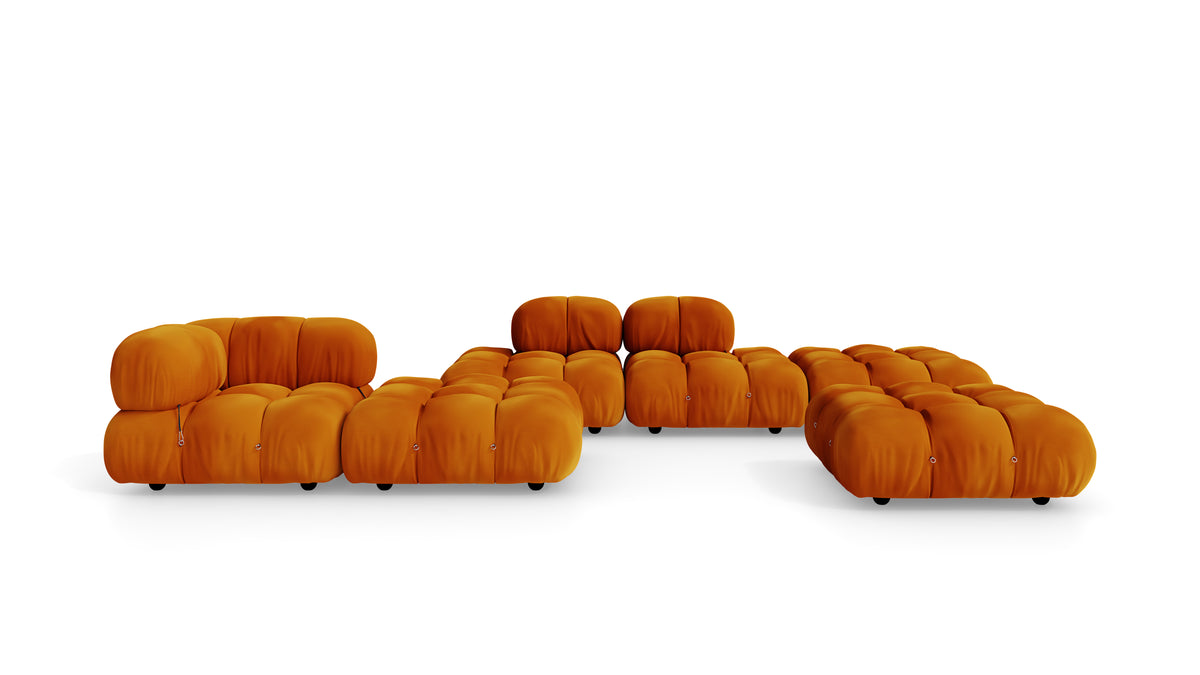 Golden Ochre Velvet Mario Bellini Camaleonda Sofa Composition reproduction, Caméléonde Lounge Composition with Ottomans by Archetype Forms, in the USA and Canada - Front