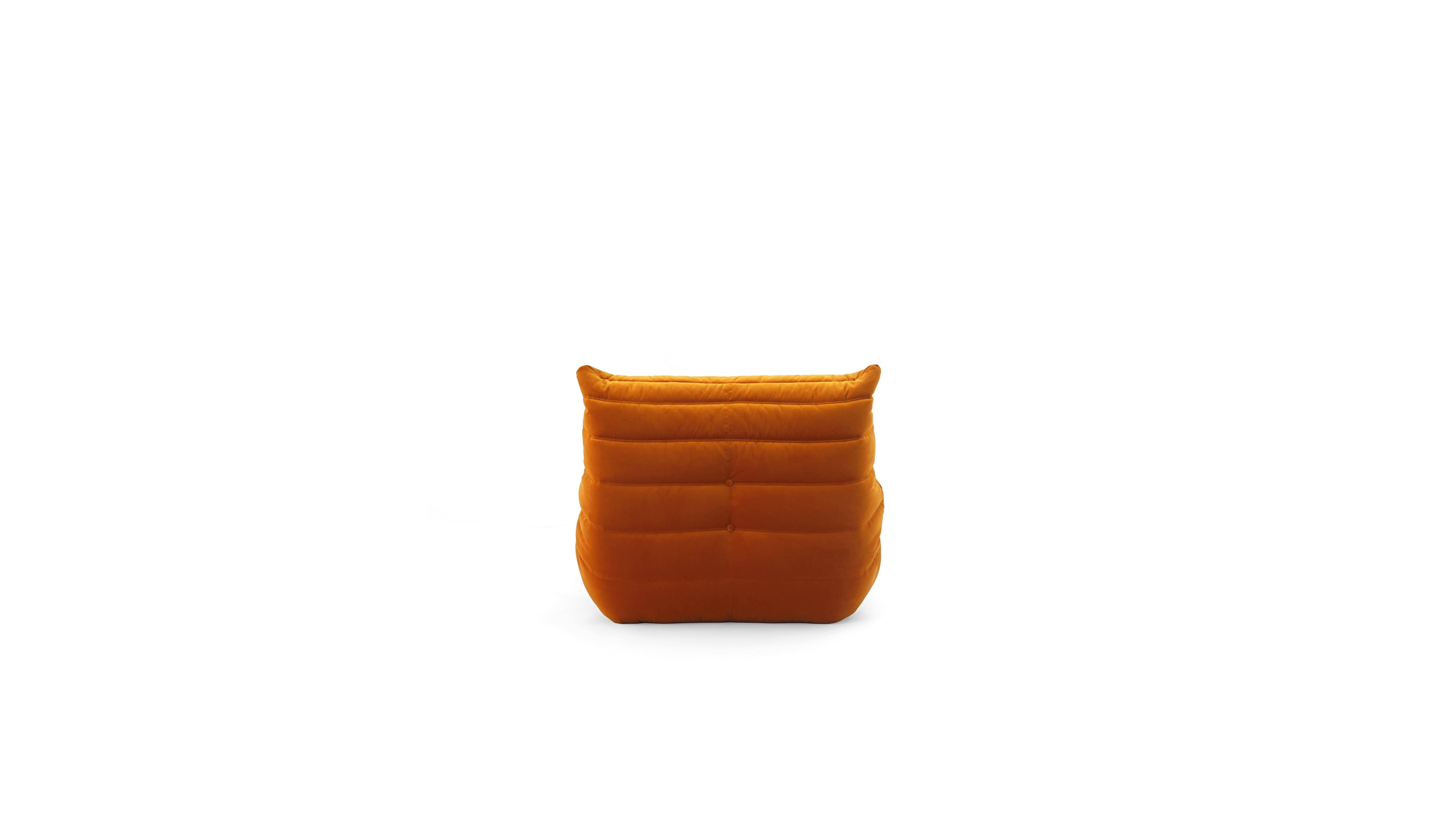 An orange modular TOGO Fireside lounge chair horizontal channel tufting, shown against a plain white background.