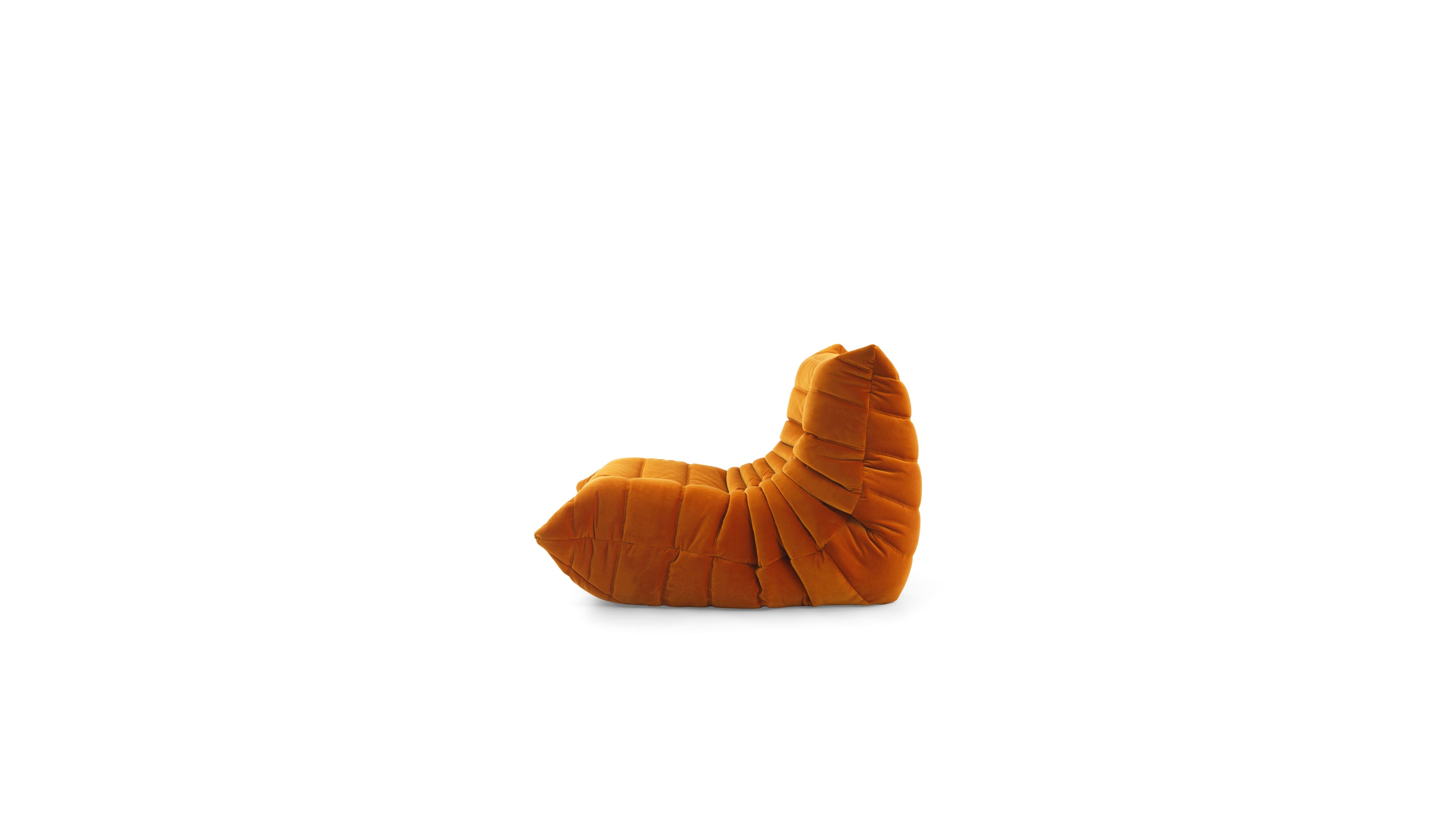 TOGO Fireside chair in Orange Velvet, side view on white background