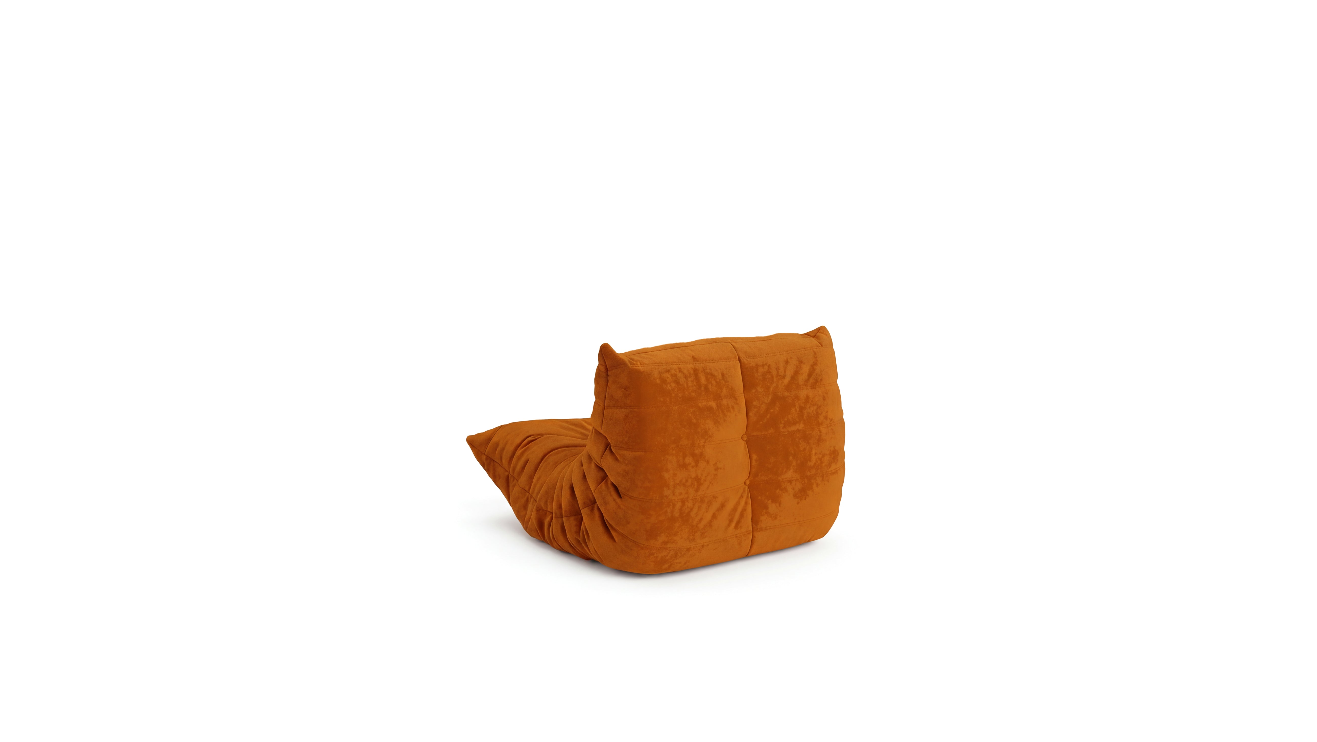 Orange velvet Michel Ducaroy Togo Fireside Chair on a white background in the USA in Canada - Back Angle 2, repr.