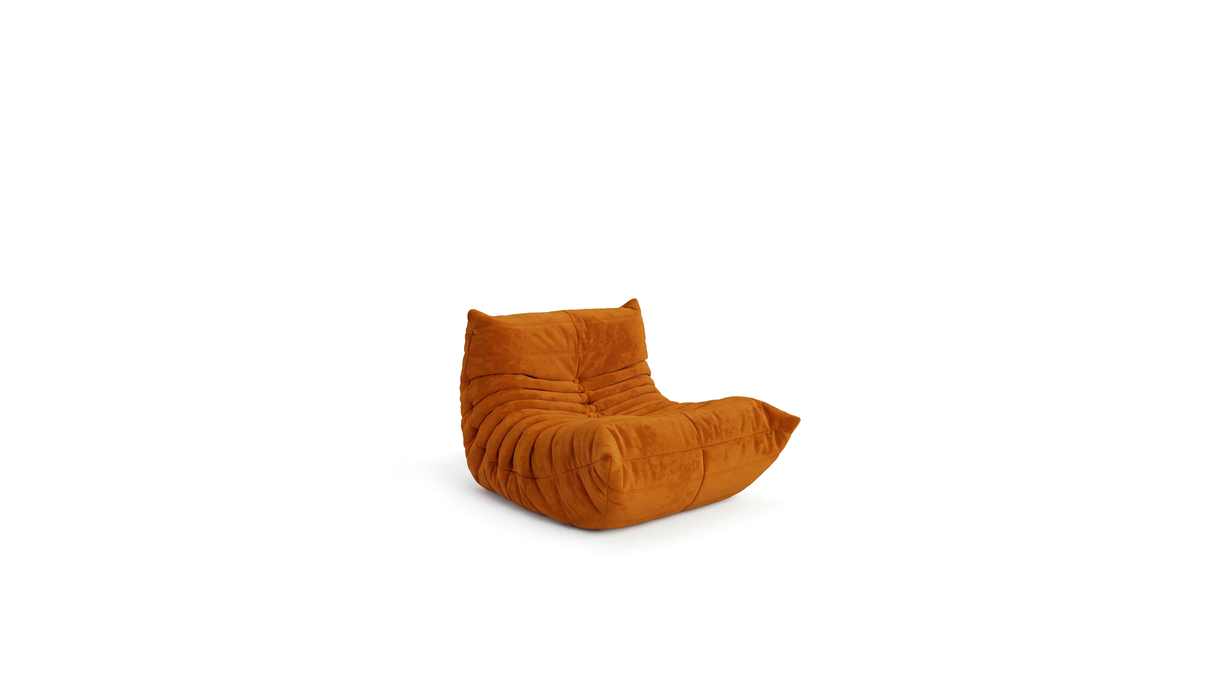 Orange velvet Michel Ducaroy Togo Fireside Chair on a white background in the USA in Canada - Front Angle 2, repr.