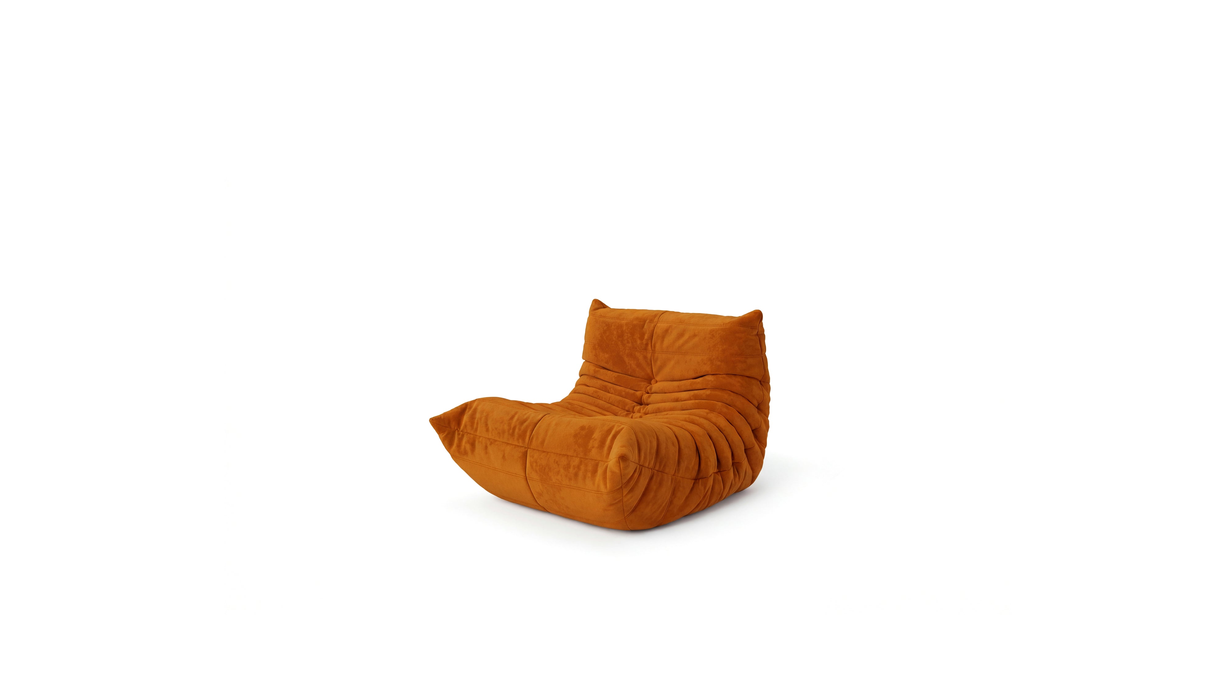 Orange velvet Michel Ducaroy Togo Fireside Chair on a white background in the USA in Canada - Front-angle, repr.