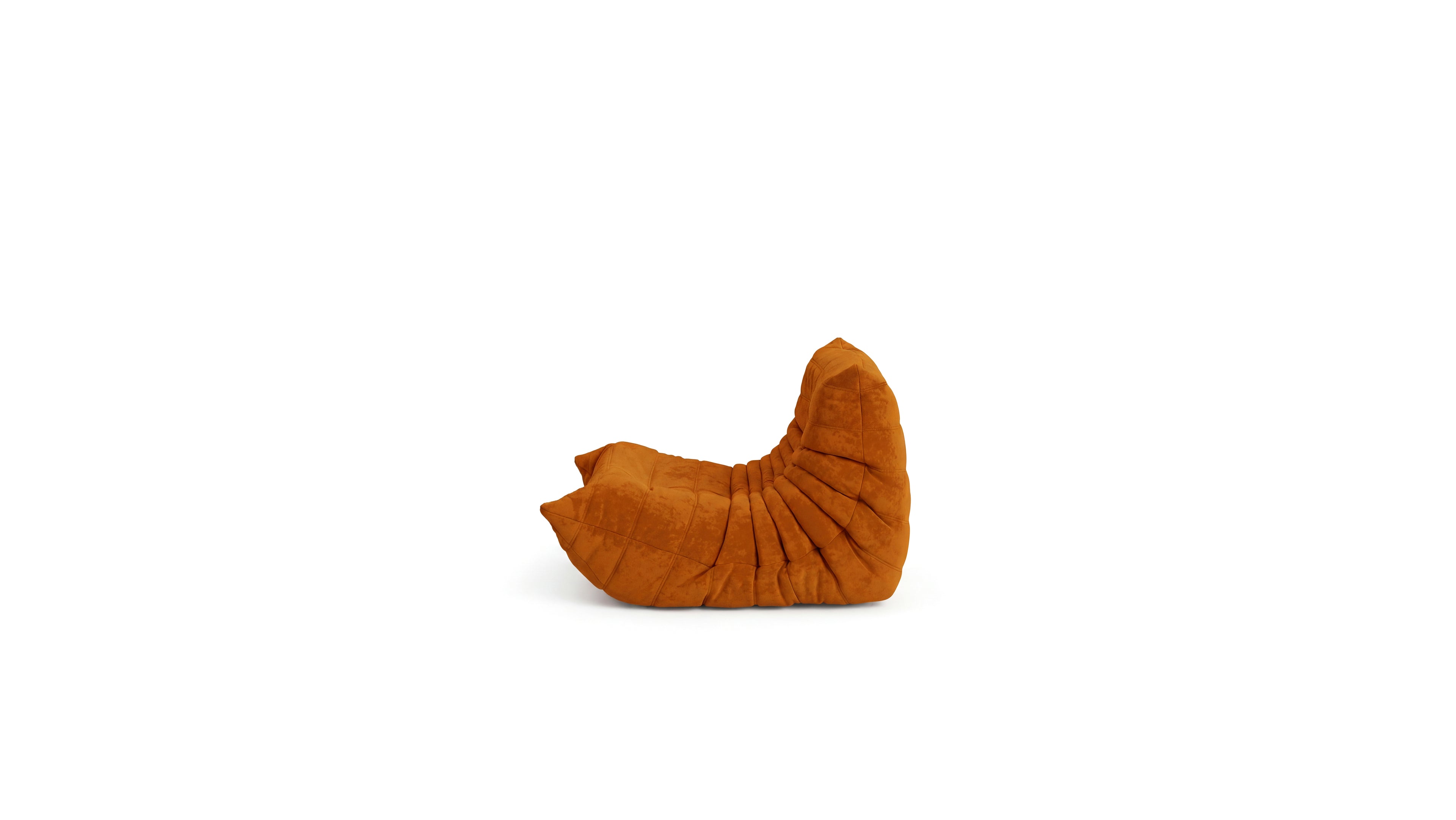 Orange velvet Michel Ducaroy Togo Fireside Chair on a white background in the USA in Canada - Side, repr.