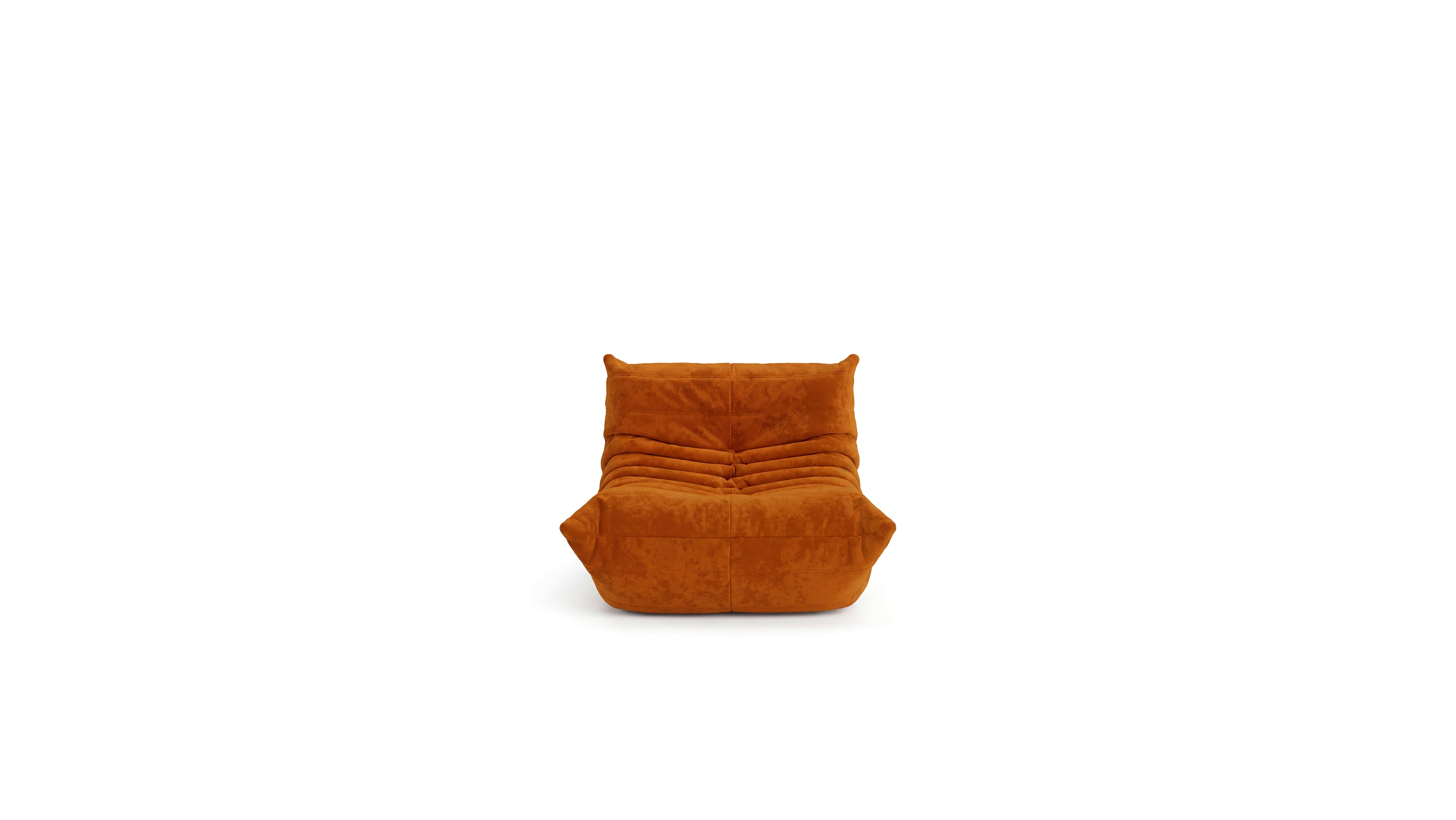 Orange velvet Michel Ducaroy Togo Fireside Chair on a white background in the USA in Canada - Front, repr.