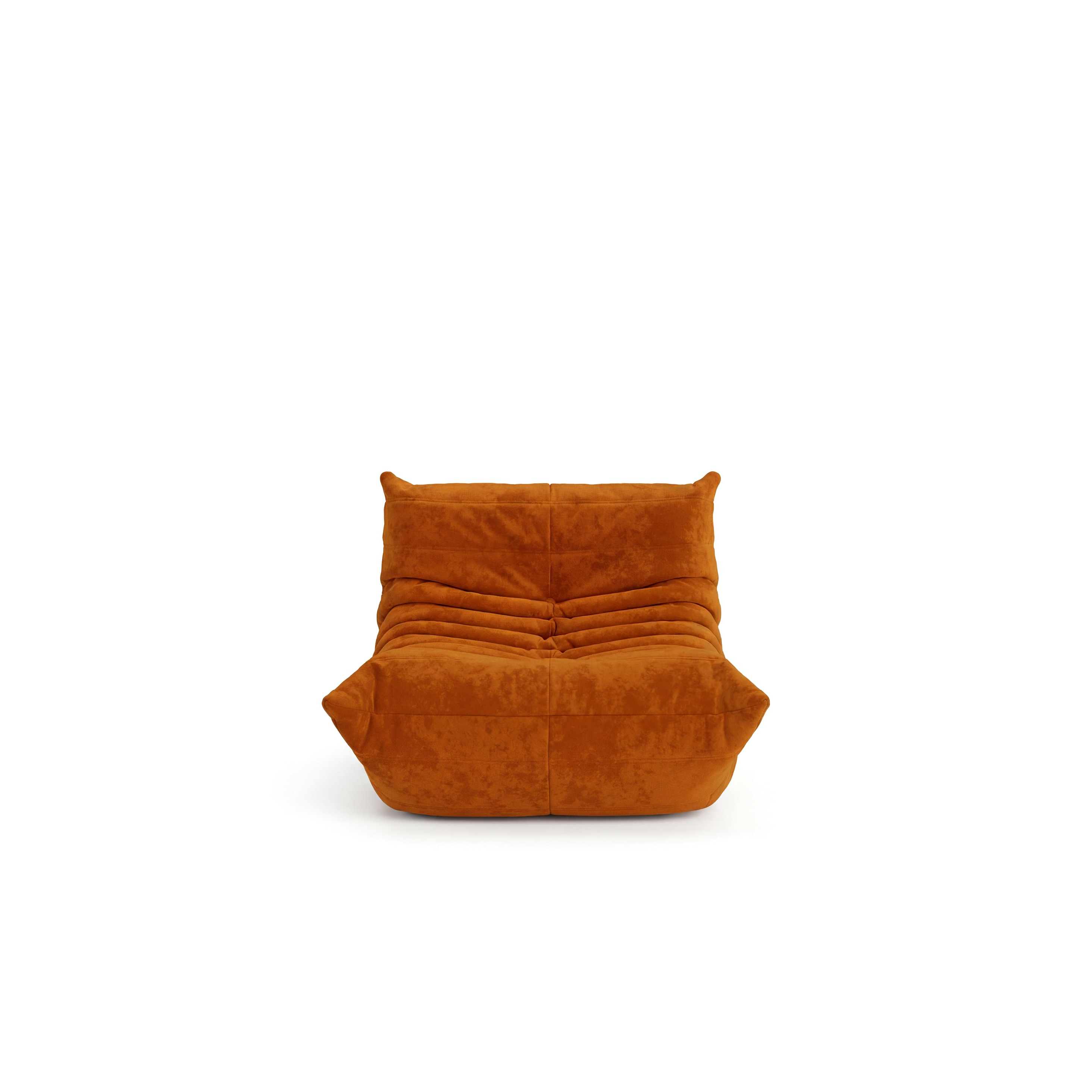 Orange velvet Michel Ducaroy Togo Fireside Chair on a white background in the USA in Canada -material-swatch-lifestyle